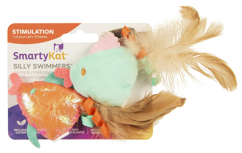 SmartyKat (2 Count) Silly Swimmers Crinkle Plush Catnip Cat Toys - Orange/Turquoise, 2 Count