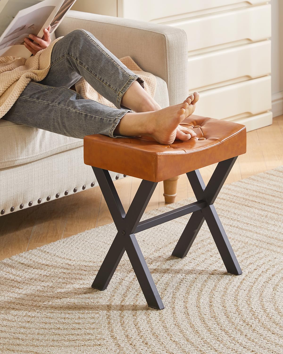 IBUYKE U-Shaped PU Vanity Stool, Square Makeup Chair with X-Leg, Ottoman Seat Footrest Stool, Multi-Use as Small Side Table, for Bedroom, Living Room, Black WBD019B