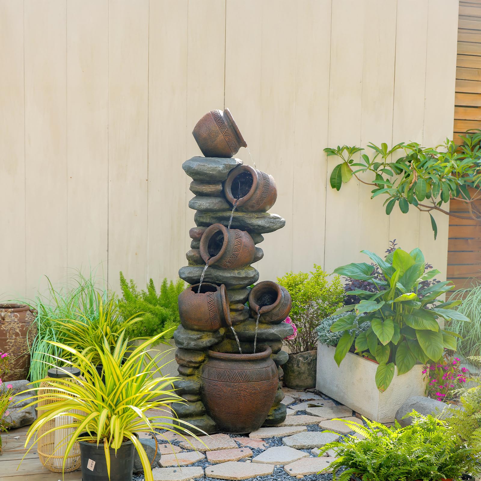 Bumilgar 2-Tier Bowl Water Fountain with LED Lights, 27.95" Tall Freestanding Outdoor & Indoor Garden Waterfall Fountain for Yard, Patio, Backyard, Floor Standing Home Decor