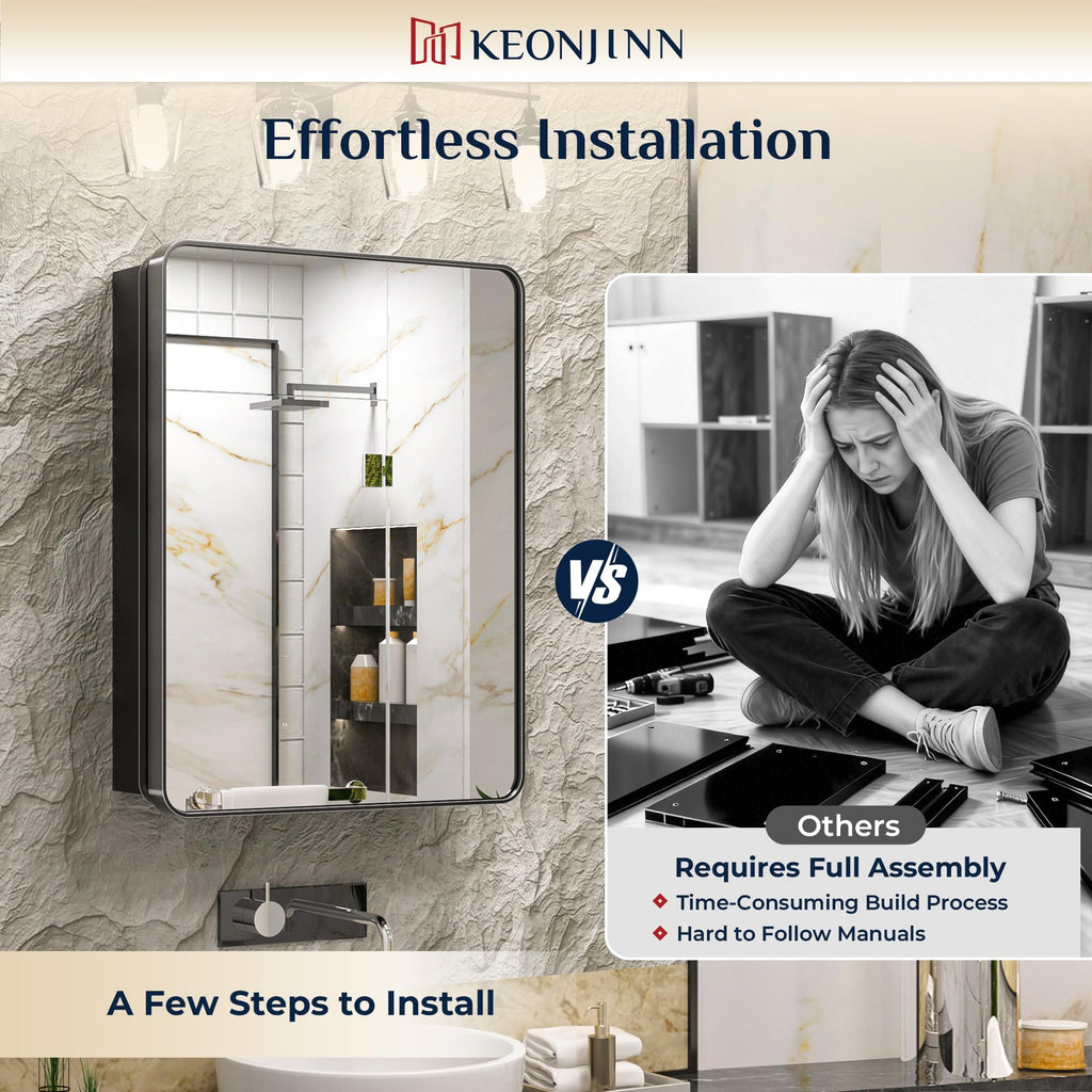 Keonjinn 15 x 36 Inch Black Slim Medicine Cabinets, Narrow Bathroom Side Medicine Cabinet with Mirror, Stainless Steel Framed, Adjustable Shelves, Recessed or Wall Mount, Modern Farmhouse