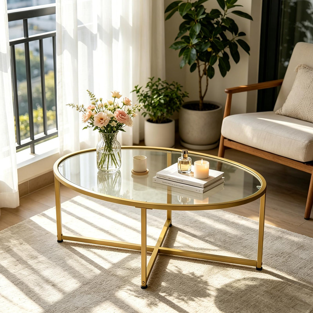 Wolawu Coffee Table Gold Oval Glass Coffee Tables for Living Room,Modern Gold Metal Frame Tea Tables for Small Space, Tempered Glass Top Center Table with Stable Cross Base for Bedroom, Office,Balcony