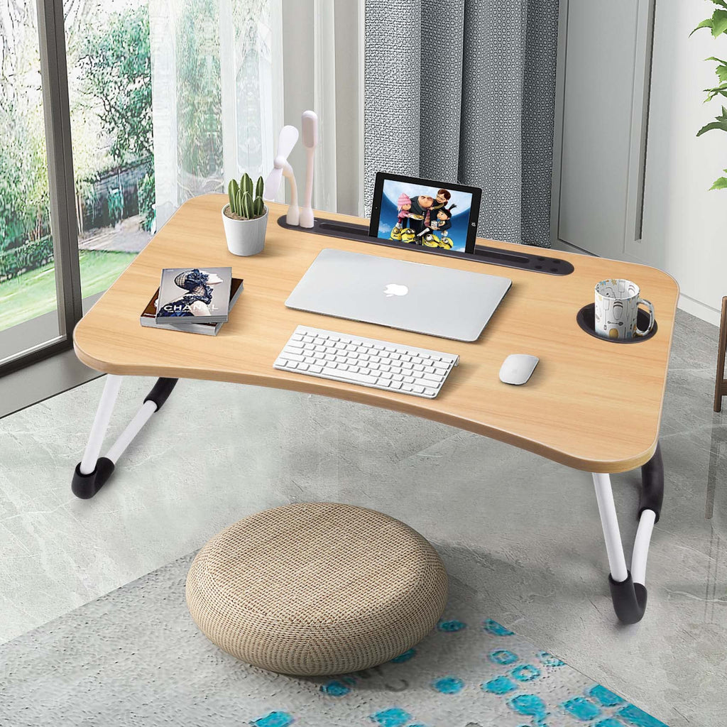 Slendor Lap Desk with Cup Holder, Foldable Laptop Table for Bed, Portable Bed Desk for Laptop and Writing, Computer Tray with Tablet Slot, Notebook Stand Reading Holder for Couch Sofa Floor,Black