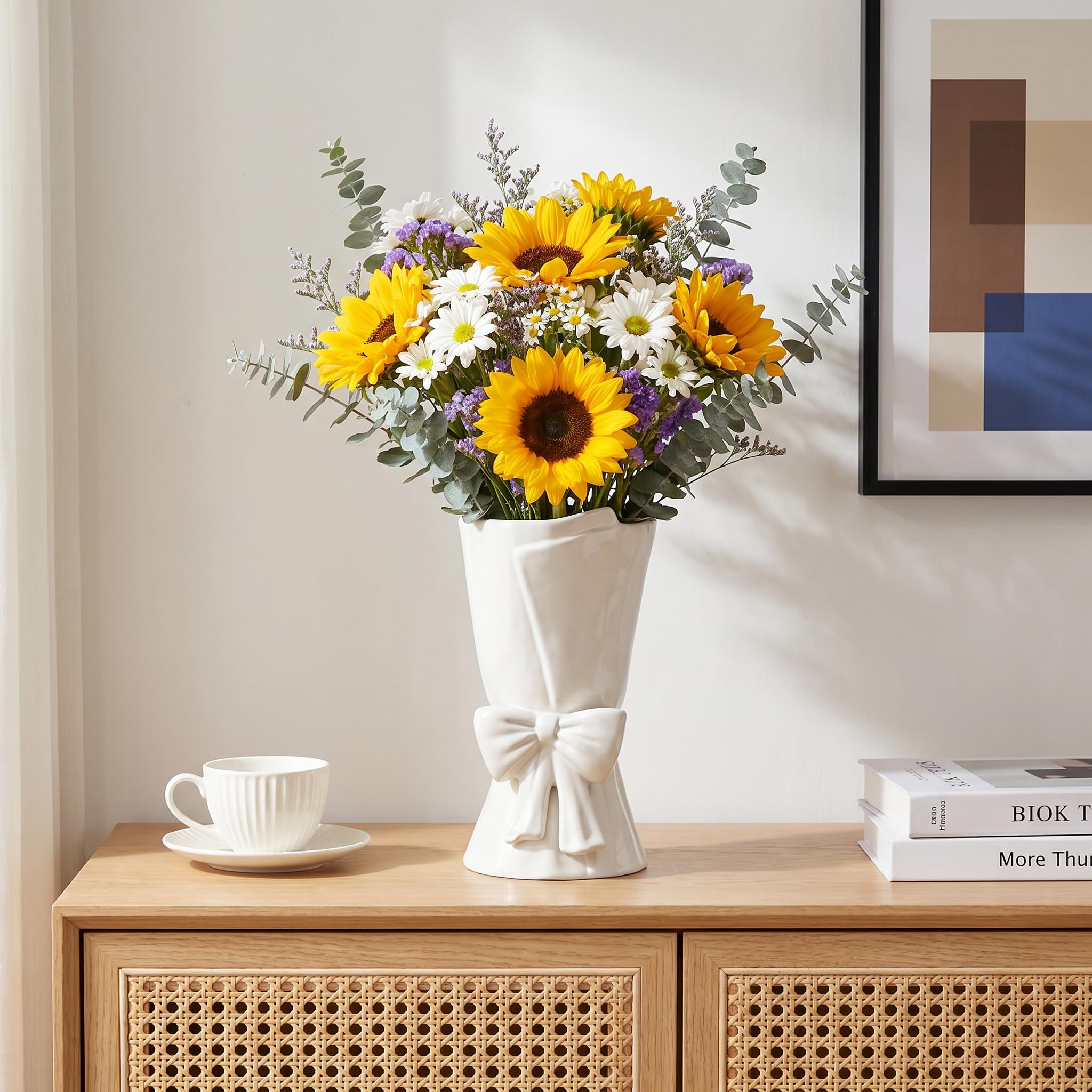 Relexome Beige Ceramic Bow Vase 9.64 in Unique Cute Modern Decorative Bouquet Flower Vases for Home Living Room Table Decor Women Girl Gifts