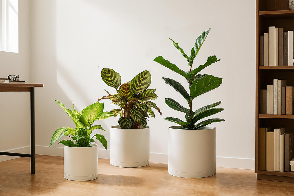 D'vine Dev 6.5 Inch 8 Inch 10 Inch, Set of 3 Plastic Planter Pots for Plants with Drainage Hole and Seamless Saucers, Black Color, Large, 74-V-B-4