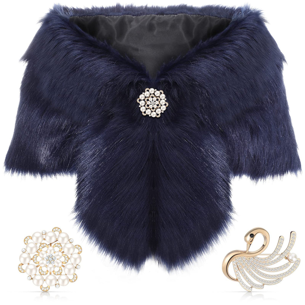 Geyoga Faux Fur Shawl Wrap Stole Shrug Winter Bridal Wedding Scarf Wrap with Faux Pearl Rhinestone Brooches for Women 1920s