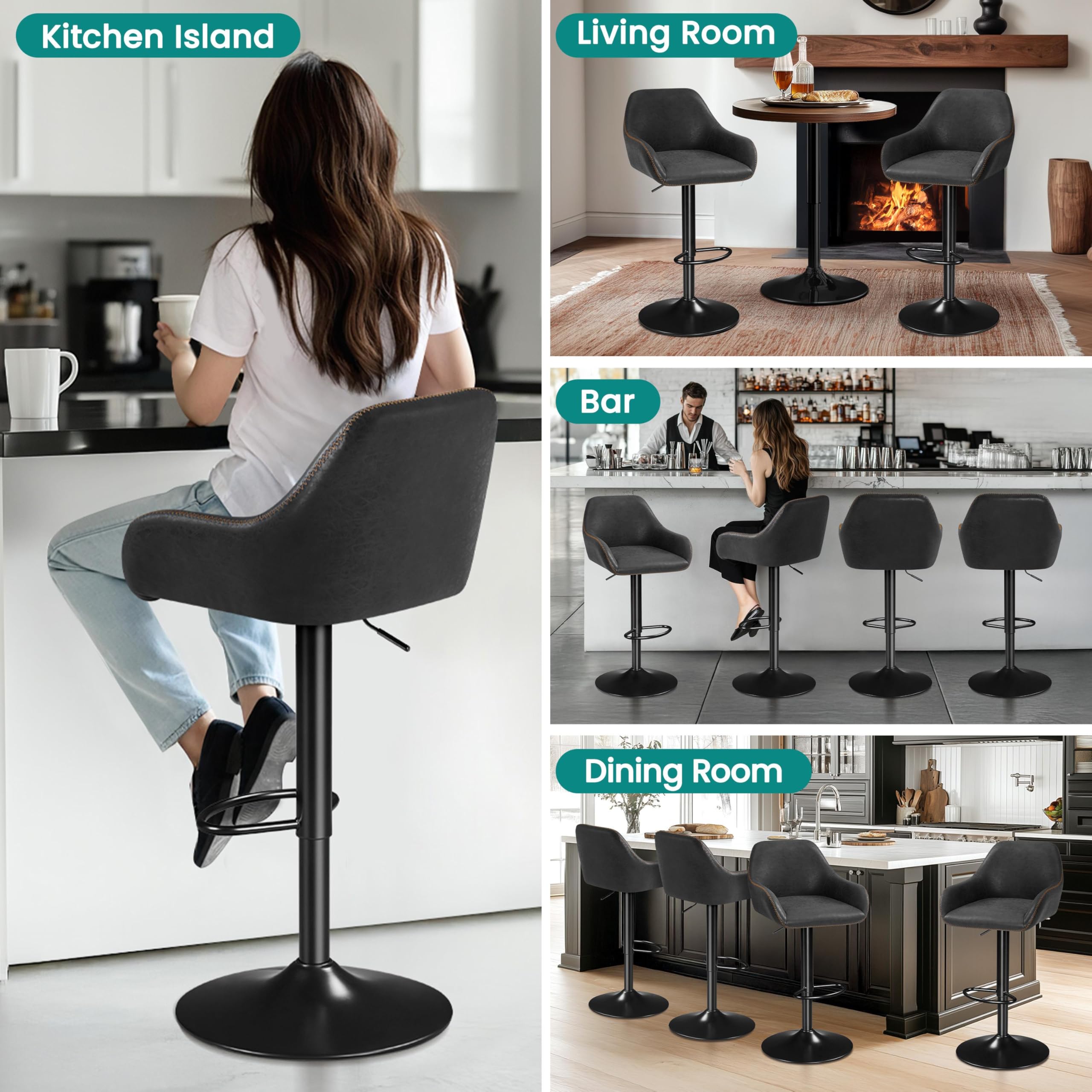 Yaheetech Bar Stools Set of 2, PU Leather Swivel Counter Height Barstools, Adjustable Bar Chairs with Backrest and Footrest, Kitchen Island Stool for Home Kitchen, Black