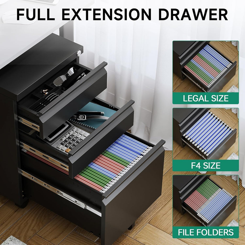 Letaya 3 Drawer Mobile File Cabinet with Lock,Under Desk Metal Small Filing Cabinets for Home Office Organizer Letters/Legal/A4(Fully Assembled Except Wheels-Black)