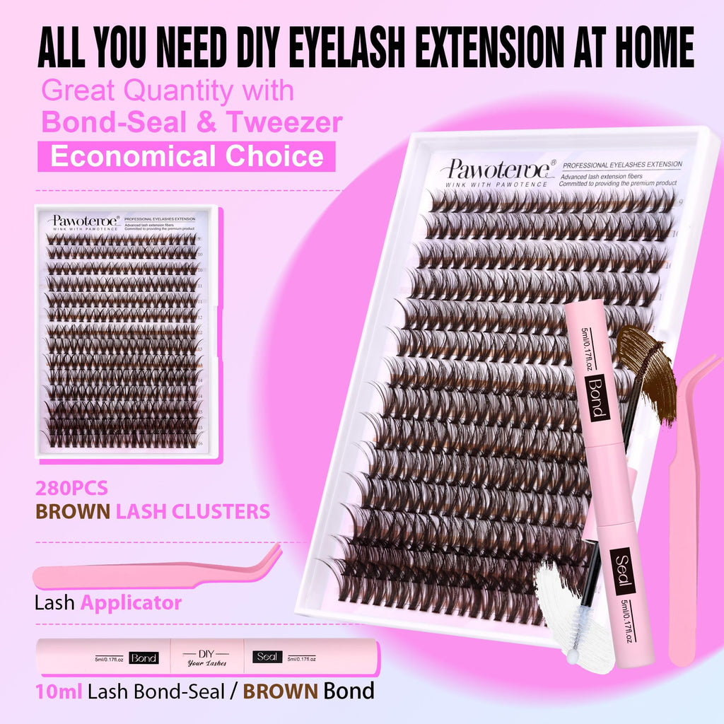 Pawotence Lash Extension Kit DIY 280pcs Individual Lash Clusters Kit 20D&30D Natural 9-15mm Cluster Eyelash Extensions Kit with Lash Bond and Seal, Tweezers for Self Use (20D&30D, 0.07D, 9-15mm, Kit)