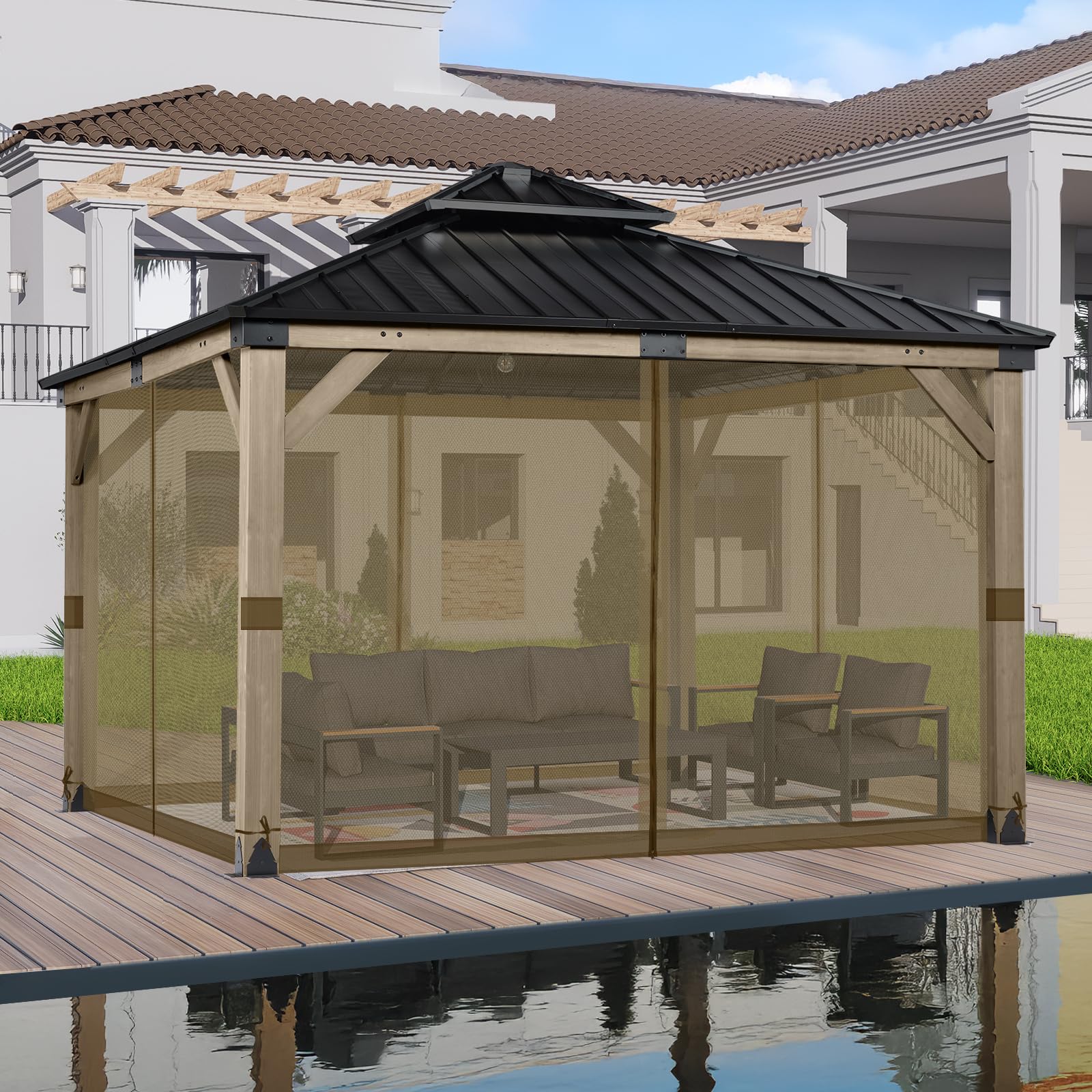 BPS 10' x 10' Gazebo Universal Mosquito Netting Screen Replacement, 4-Panel Mesh Screen Walls with Double Zippers for Outdoor Patio, Khaki (Mosquito Net Only)