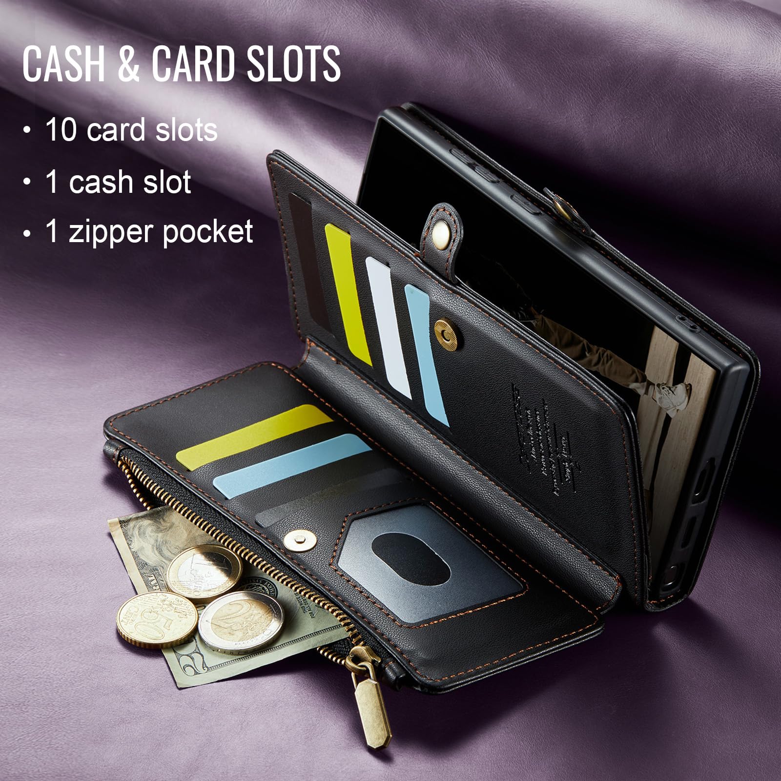 Defencase for Samsung Galaxy S25 Ultra Magnetic Wallet Case Compatible with Magsafe with RFID Blocking Zipper & Card Holder Women, PU Leather Detachable Phone Case for Galaxy S25 Ultra 6.9", Black