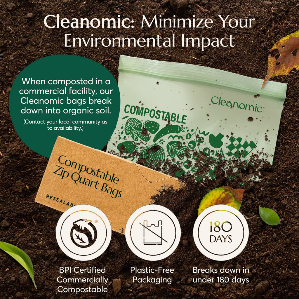 Cleanomic Compostable* Snack Size Food Storage Bags (50 Eco Zip) Freezer and Leak Proof, Also Available Gallon, Quart and Sandwich Size Bags