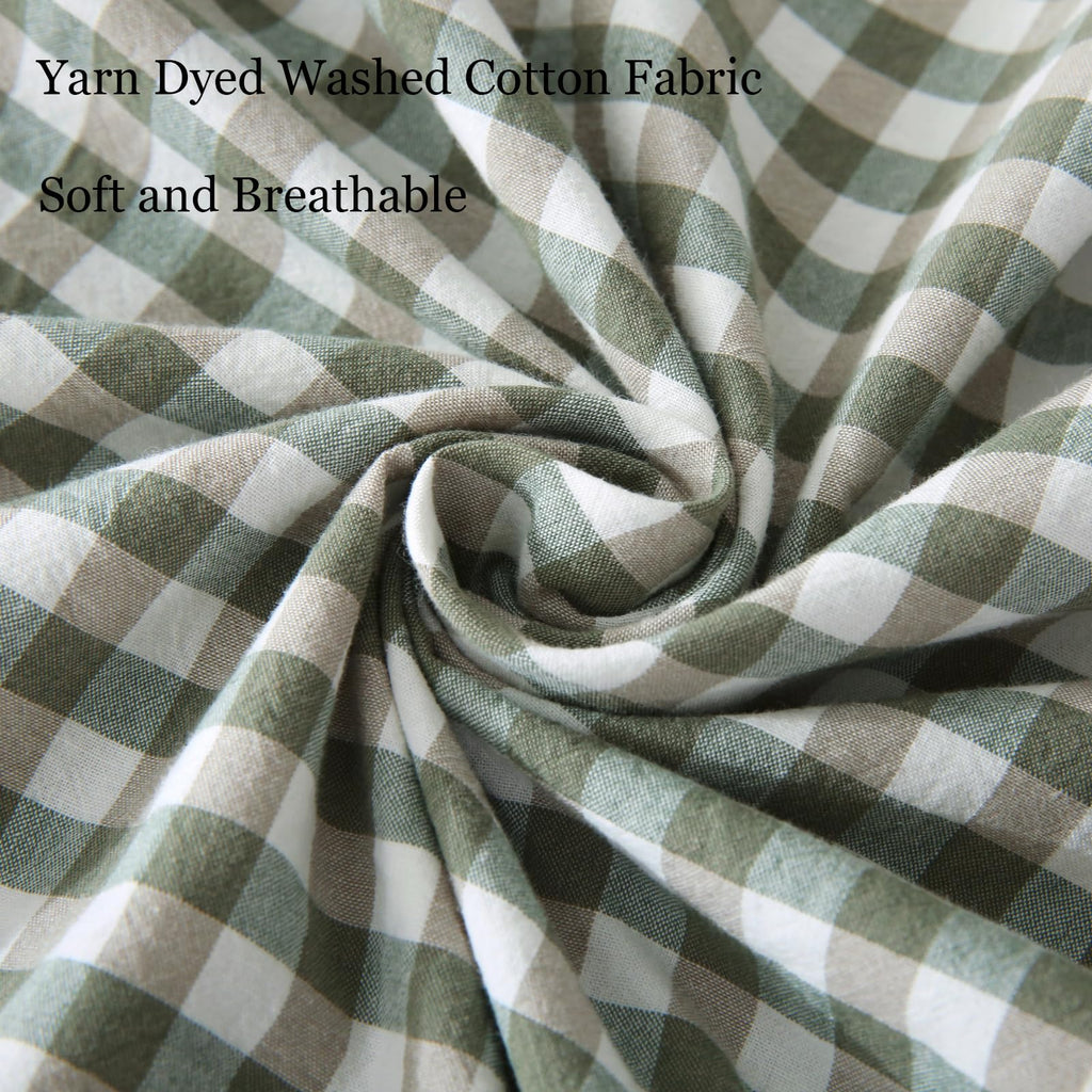 Silnuo Green/White Plaid Ruffled Queen Size Pillow Shams Set of 2,Washed Cotton Shabby Checkered Gingham Farmhouse Bed Pillow Covers 20"x30"