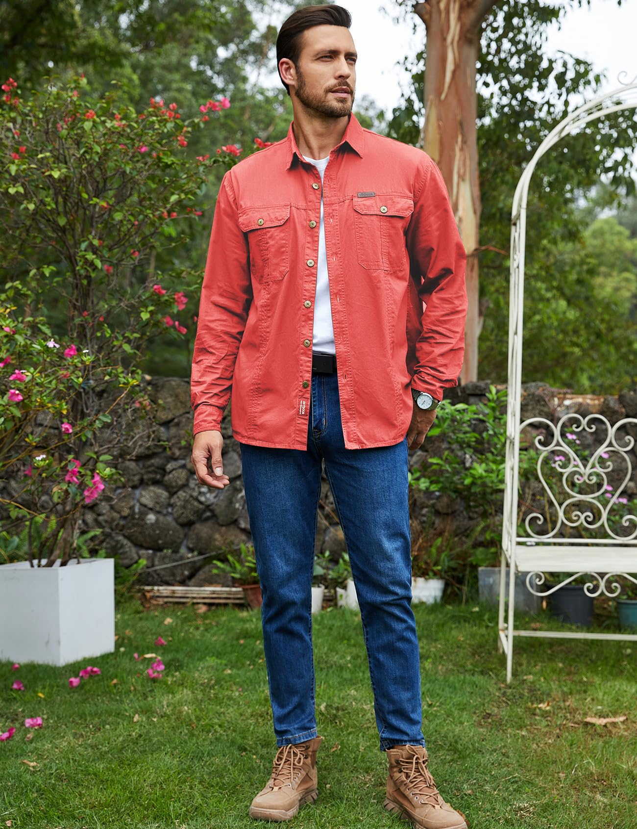 Eisctnd Men's Long Sleeve Cotton Work Shirt Casual Loose Fit Button Down Shirts with 2-Pocket for Outdoor Safari