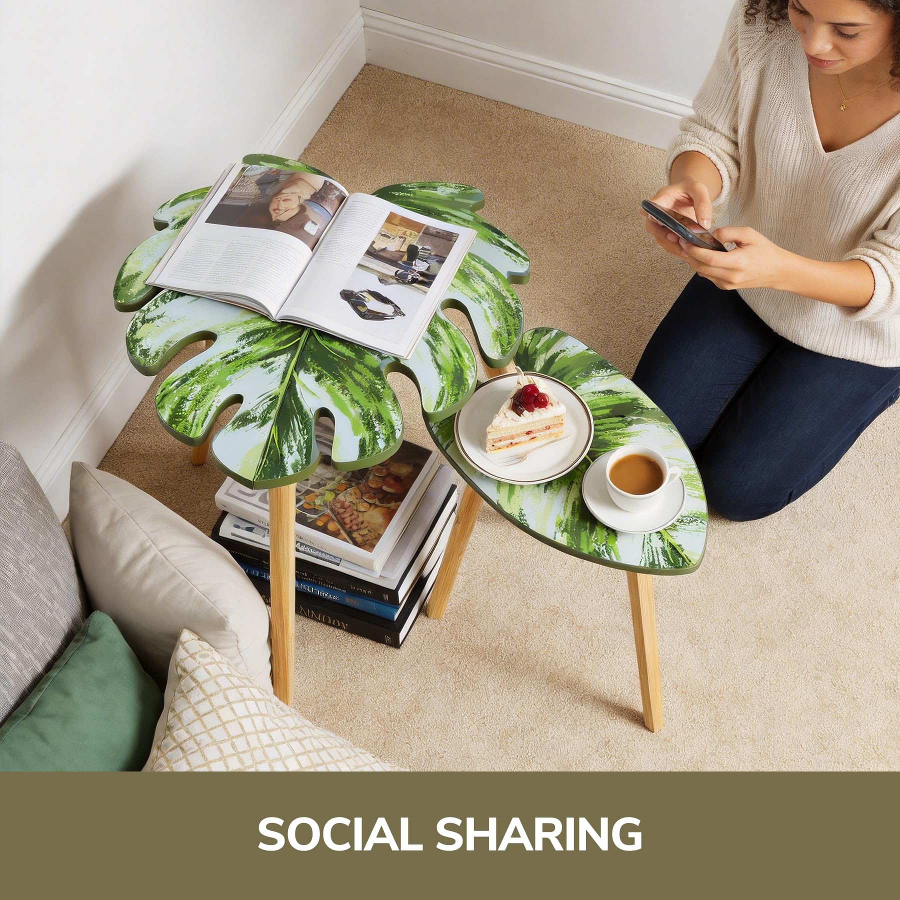 BAMEOS Monstera Leaf Nesting Tables Set of 2, Small Side Tables f Set with Leaf Vein Pattern, Modern Wooden CoffeeTables for Living Room Bedroom Apartment Balcony Yard