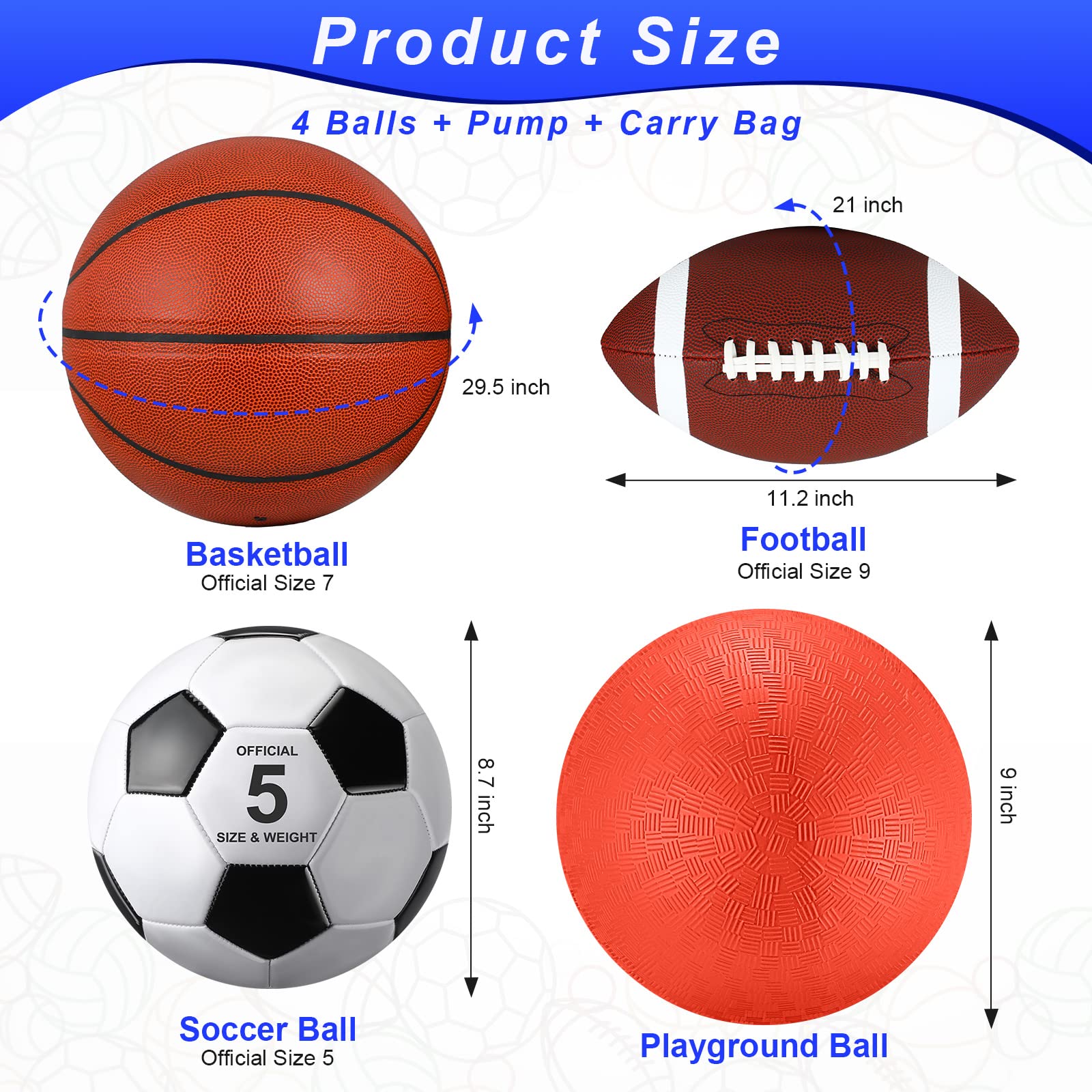 Lenwen 4 Pcs Sports Balls Set for Teen Adult, Include Official Size Basketball Soccer Football Playground Ball Pump Equipment Bag Ball Gifts Back to School