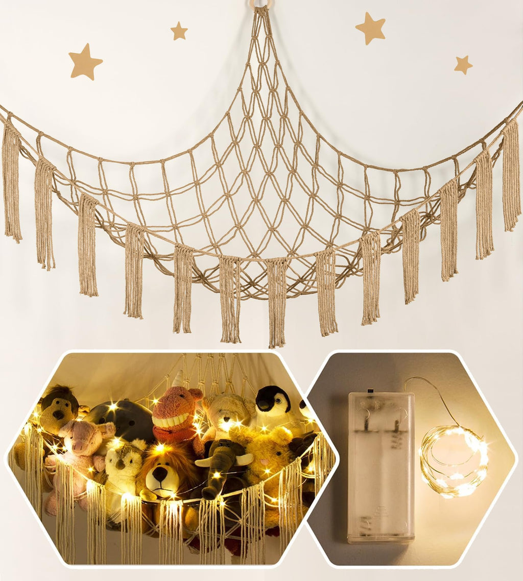 Stuffed Animal Hammock Corner with LED Light - Toy Storage Hammock Plushie Net Large - Cute Stuff Animals Holder Hanging Organizer - Baby Room Decor Kids Toddler Nursery Bedroom Boho