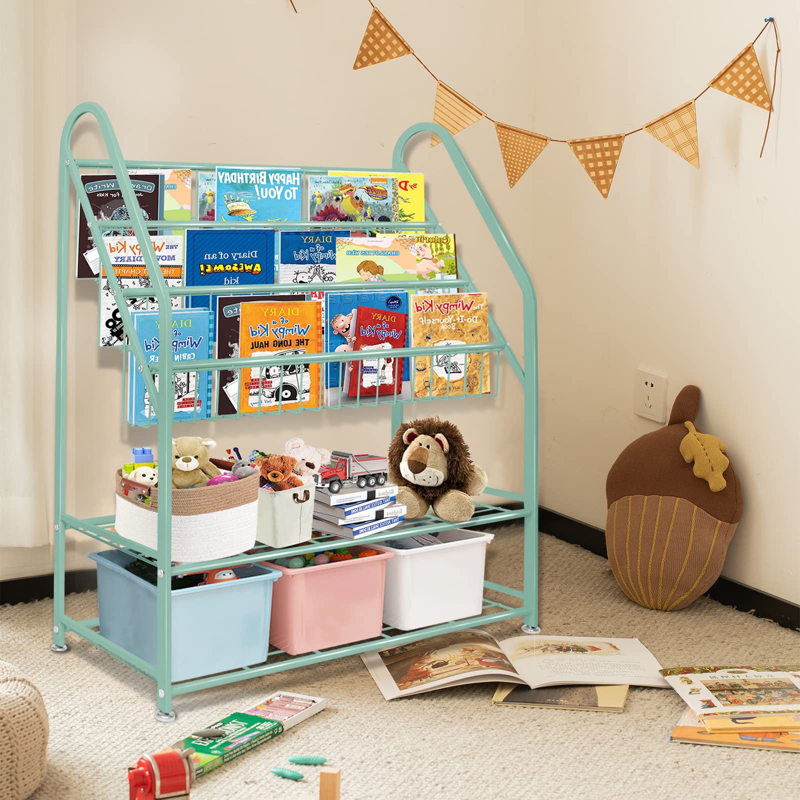 aboxoo Metal Kids Bookshelf Black Large Freestanding for Children Room 32 in Toy Organizer Large Stable Bookcase Bookstore Library Book Unit Storage Kids Bed Living Room