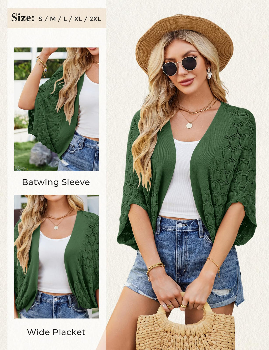 GRACE KARIN Summer Cropped Cardigan for Women 2026 Batwing Sleeve Crochet Bolero Shrug Sweaters Lightweight Beach Boho Kimono