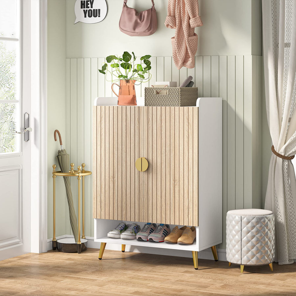 Tribesigns Shoe Cabinet with Doors, 7-Tier Shoe Storage Cabinet with Adjustable Shelves, Wooden Shoes Rack Shoe Storage Organizer for Entryway, Hallway, Closet, Living Room, Black