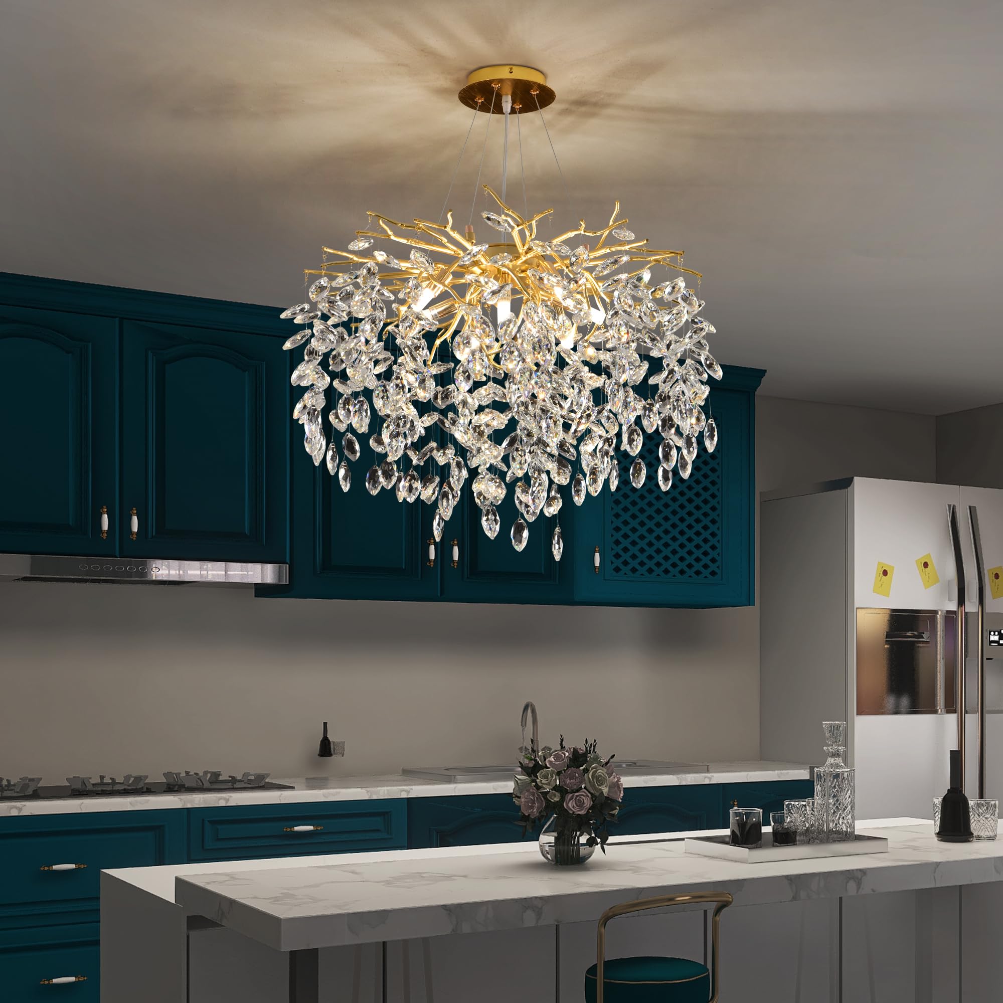 Modern Crystal Raindrop Chandelier, L40'' Black Linear Rectangle Art Deco Tree Branch Lighting Fixture for Kitchen Island Living Room Foyer Staircase 10 Lights
