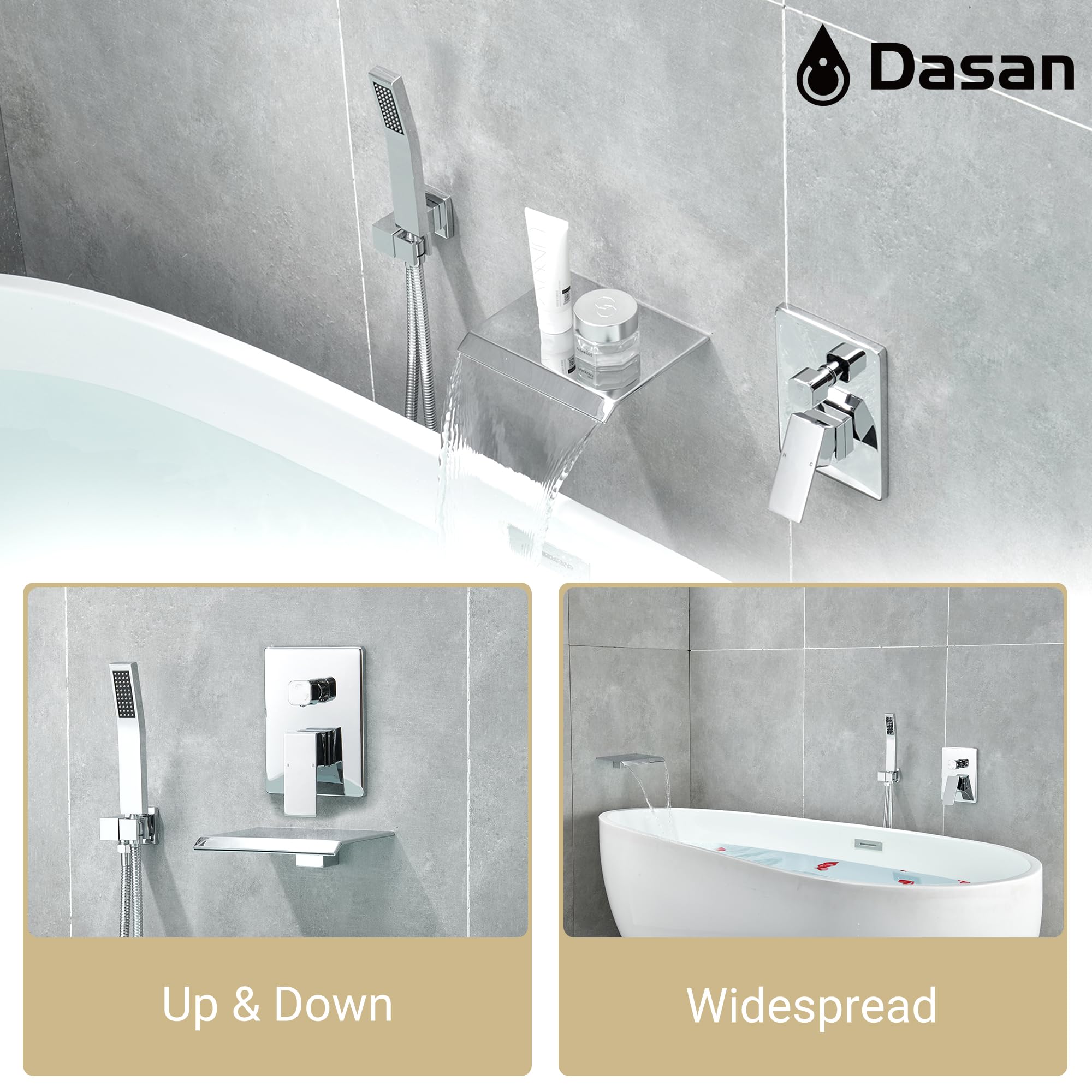 Upgraded Wall Mount Tub Filler Faucet with Handheld Shower, DASAN Modern Wall Mounted Bathtub Faucet Brushed Gold High Flow Waterfall Tub Faucet with Rough in Valve, SA-TF04WH-BG
