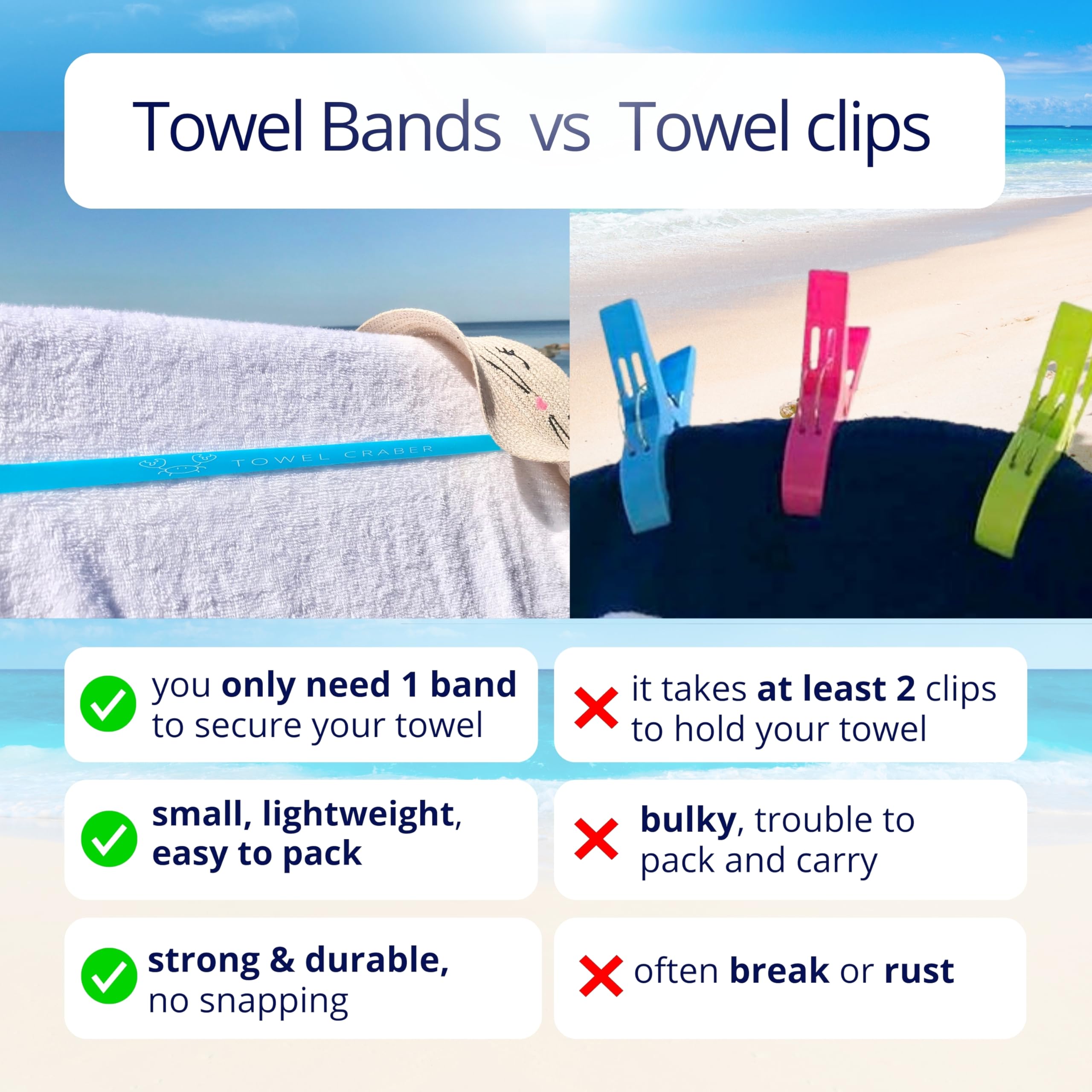 Towel Crabber Towel Bands (6-Pack), Beach Pool & Cruise Chairs, Extra Durable, Cruise Ship & Beach Essentials, Alternative to Beach Towel Clips (3 Regular + 3 Glow in The Dark)
