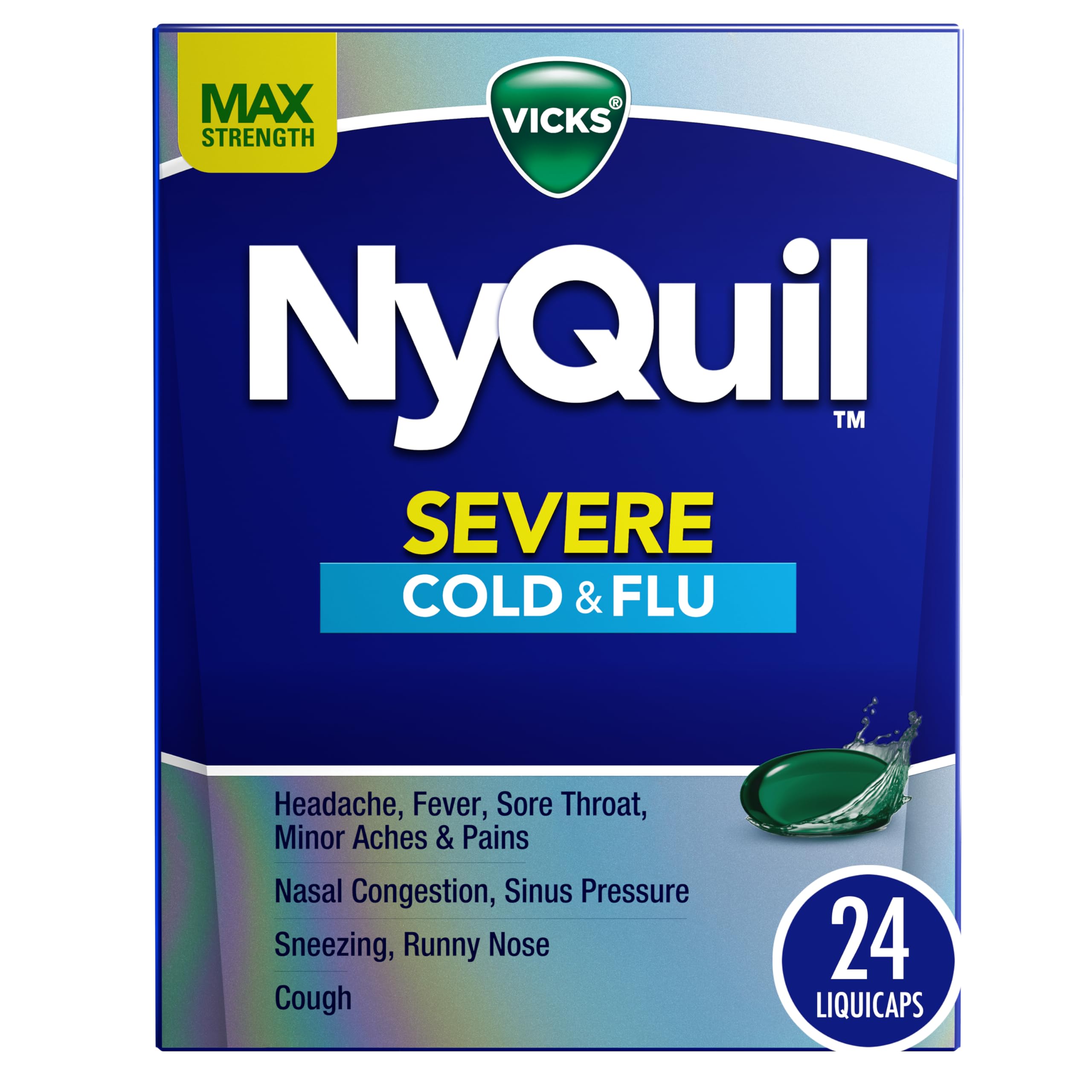 Vicks NyQuil Severe Cold, Flu, & Congestion Medicine, 24 Liquicaps, Maximum Strength, 24Count