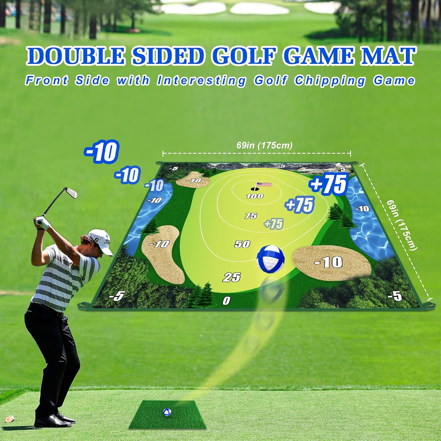 Golf Chipping Game with Hitting Mat, 70"x70" Double Sided Golf Practice Mat Kits with 20 Sticky Balls, Indoor Outdoor Golf Training Accessories for Adult Family Yard Game (No Club)