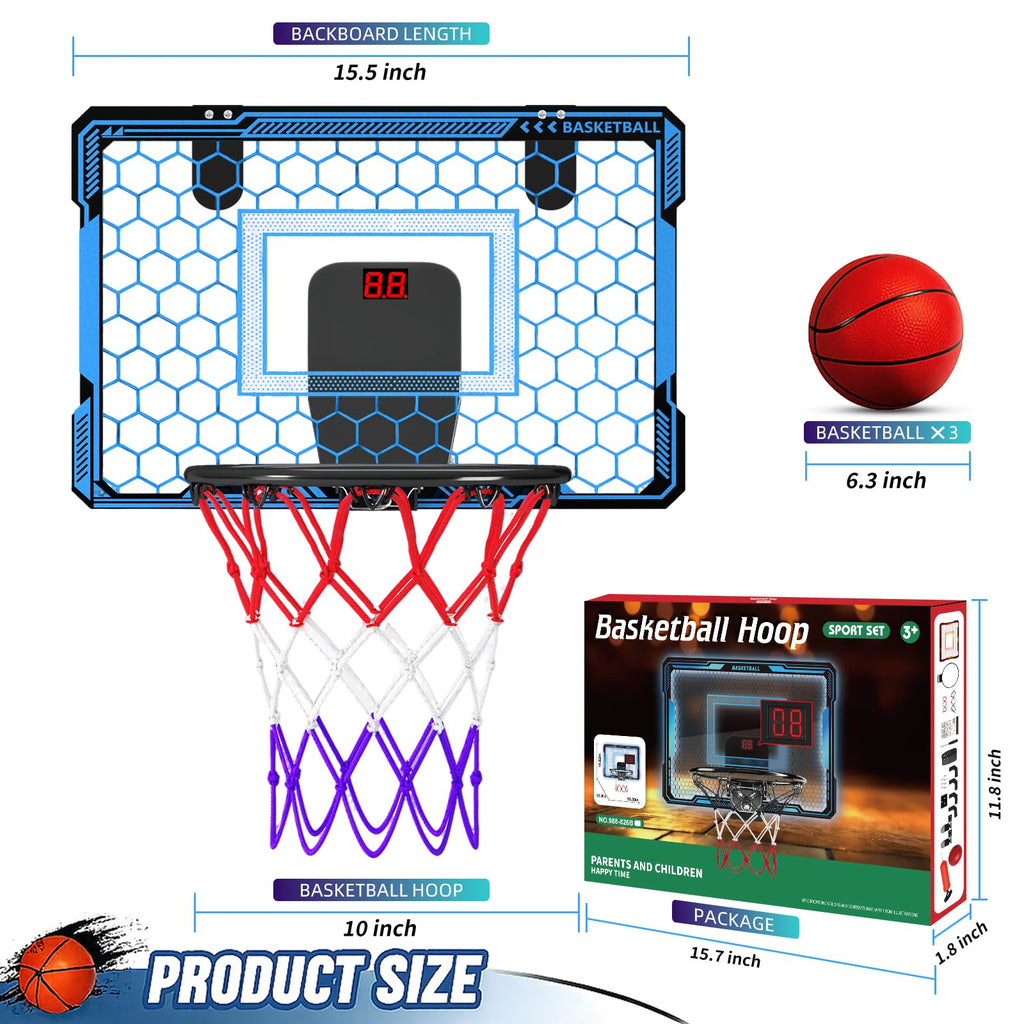 Molutsody Over The Door Basketball Hoop, for Kids (Blue) | Mini Hoop with LED Light & Scoreboard. Includes 3 Balls & Air Pump. Gifts for 4-12 Year Old Boys Girls