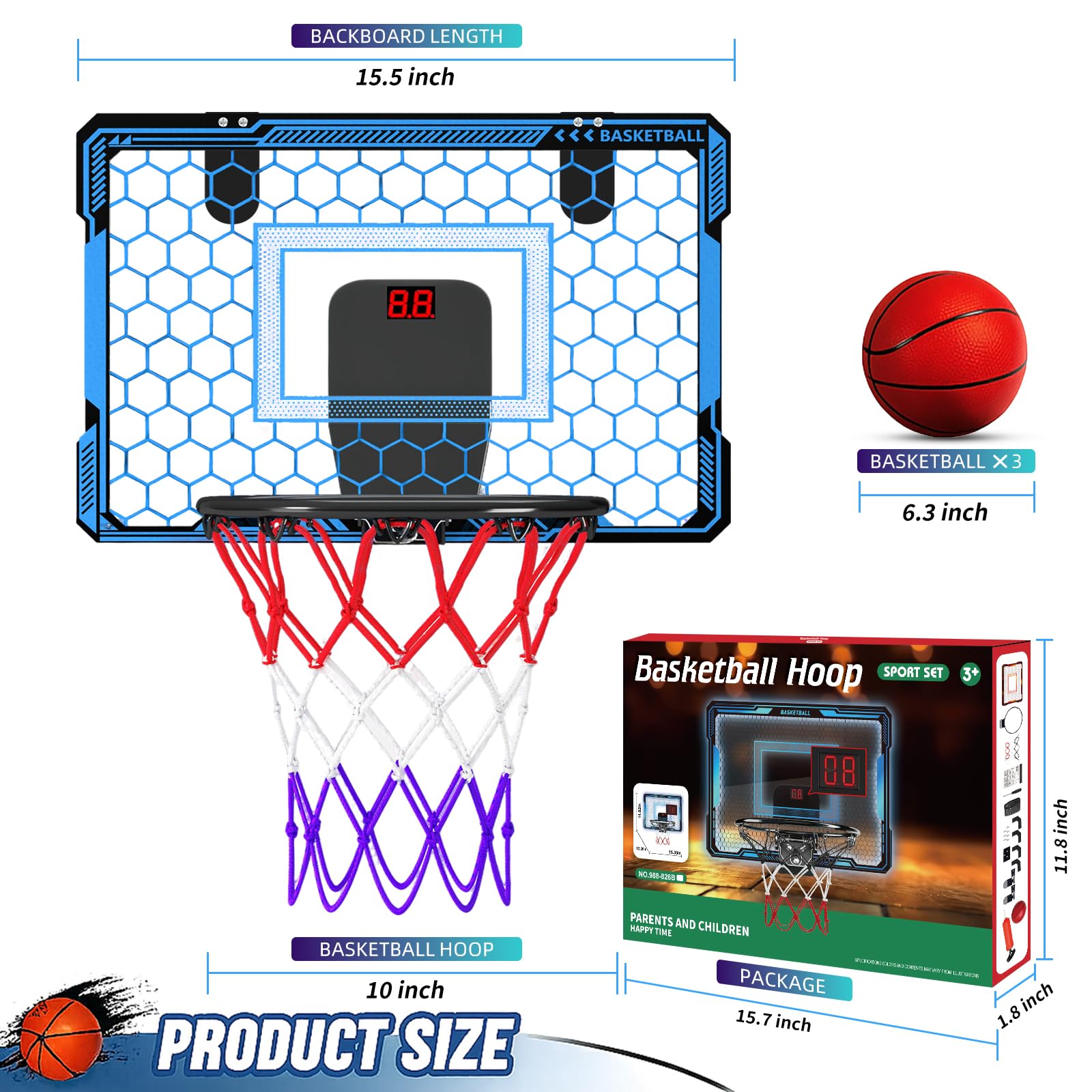 Molutsody Over The Door Basketball Hoop, for Kids (Blue) | Mini Hoop with LED Light & Scoreboard. Includes 3 Balls & Air Pump. Gifts for 4-12 Year Old Boys Girls
