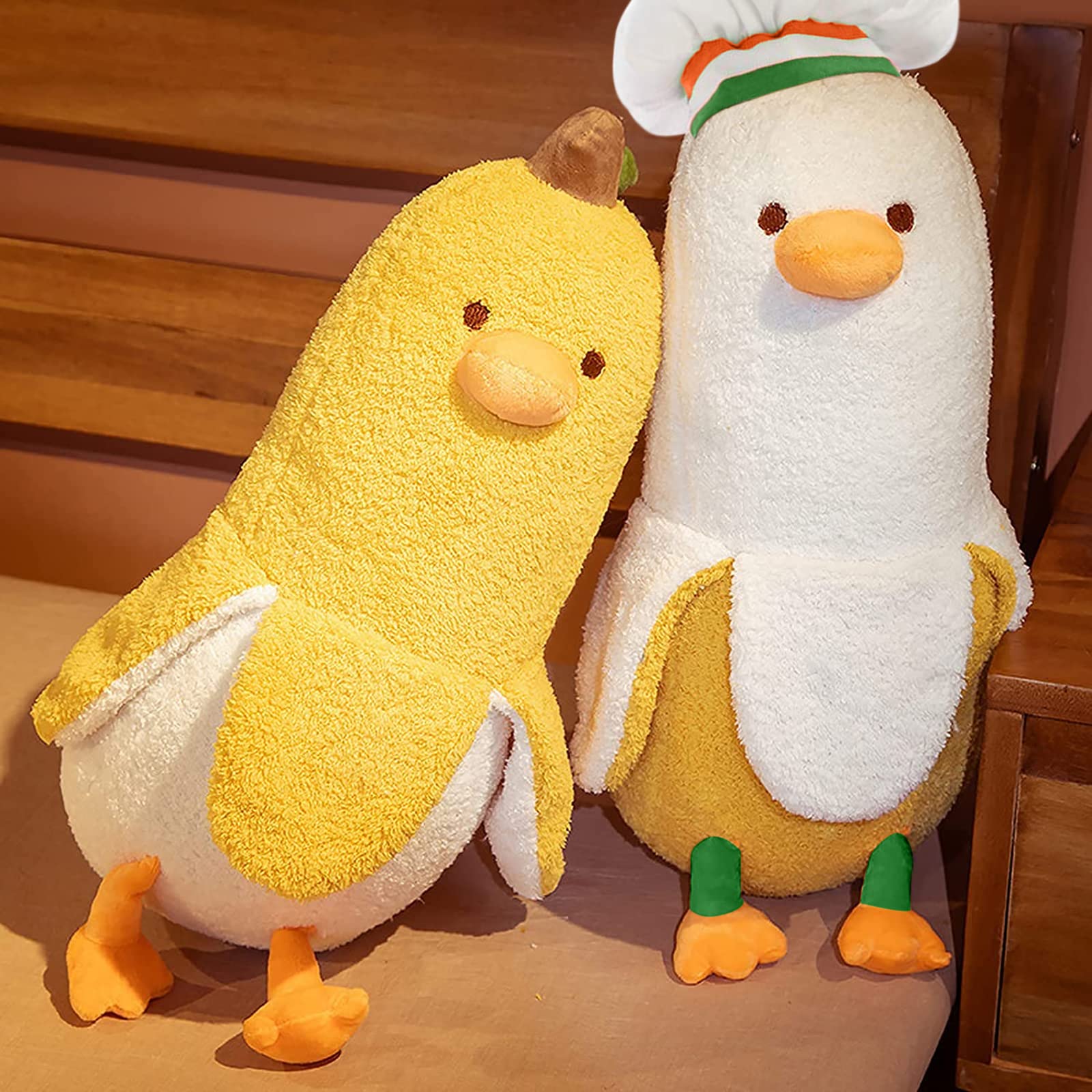 PEACH CAT Cute Banana Duck Stuffed Animal Long Banana Chef Duck Plush Pillow for Girls and Boys White 12"