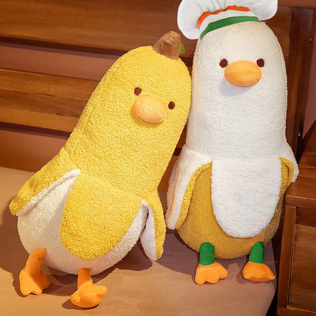 PEACH CAT Cute Banana Duck Stuffed Animal Long Banana Chef Duck Plush Pillow for Girls and Boys White 12"