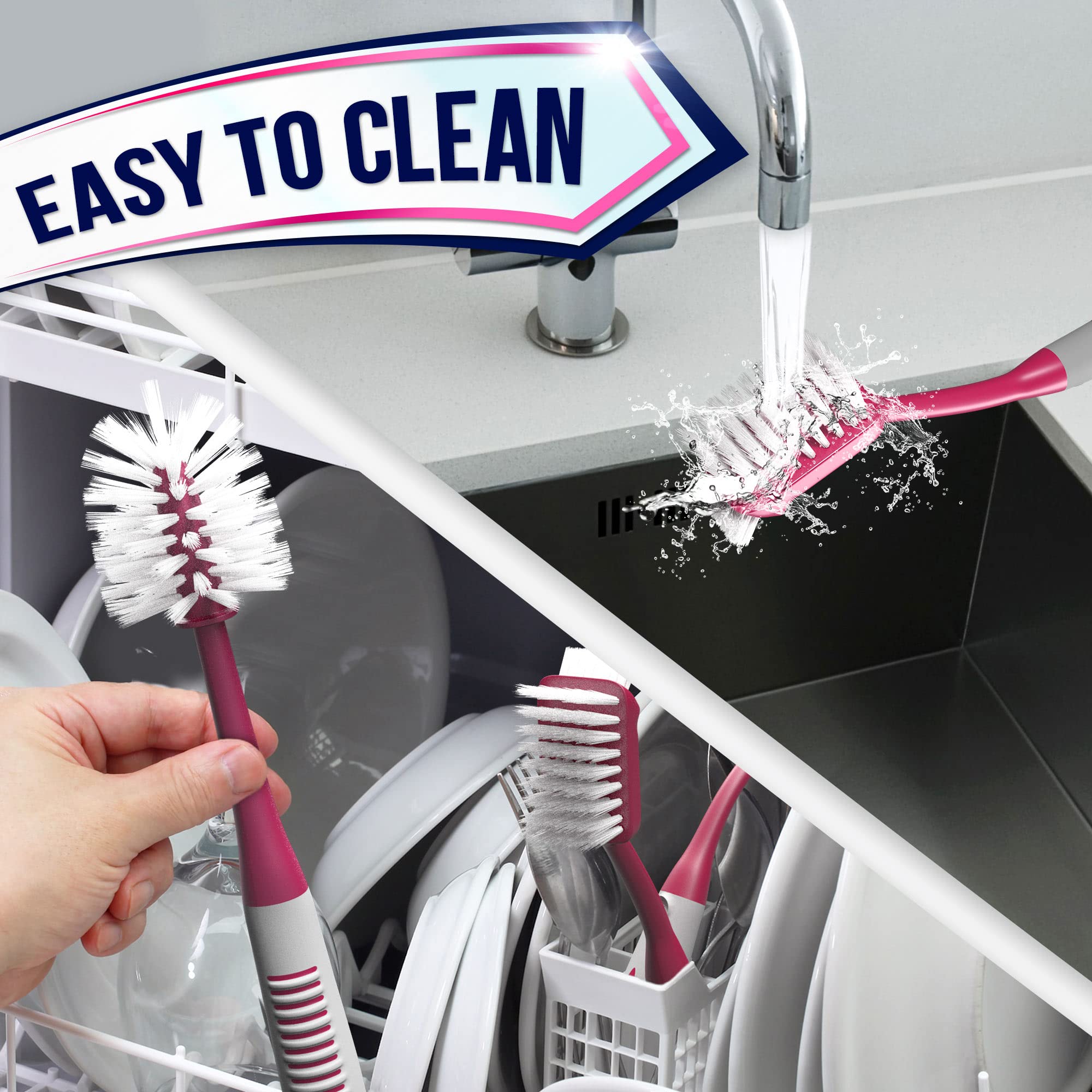 Dish Brush Set of 5 with Holder - Kitchen Scrub Brushes with Non-Slip Long Handle for Cleaning, Scrubber, Dishwashing, Dishes, Bottles, Straws, Cups, Pots & Sink, Baige