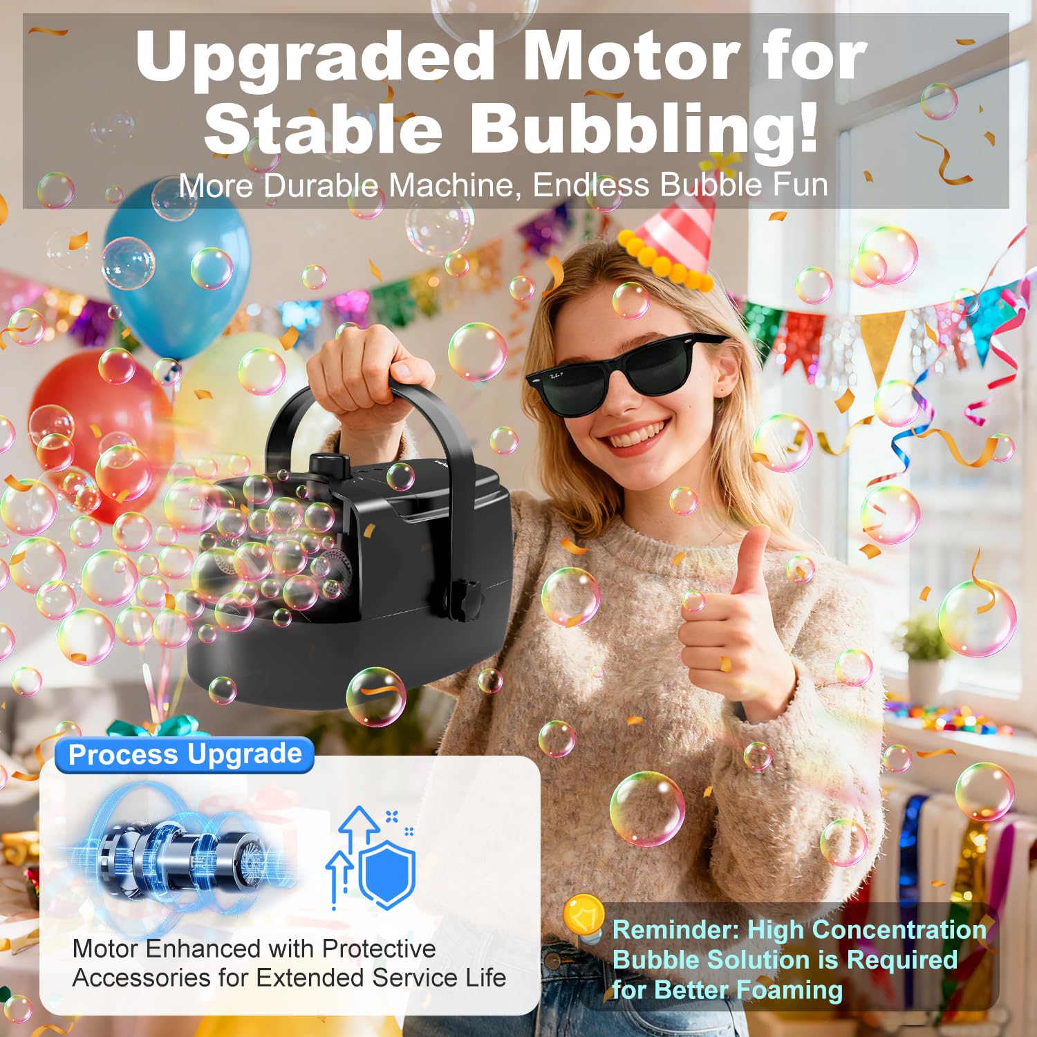 Zerhunt Durable Bubble Machine for Party: 3 Power Modes for Non-Stop Fun - 18000+ Bubbles Per Minute High Output 30 Mins Bubbles per Refill - Kids Safe Auto-Stop for Outdoor Backyard Birthday