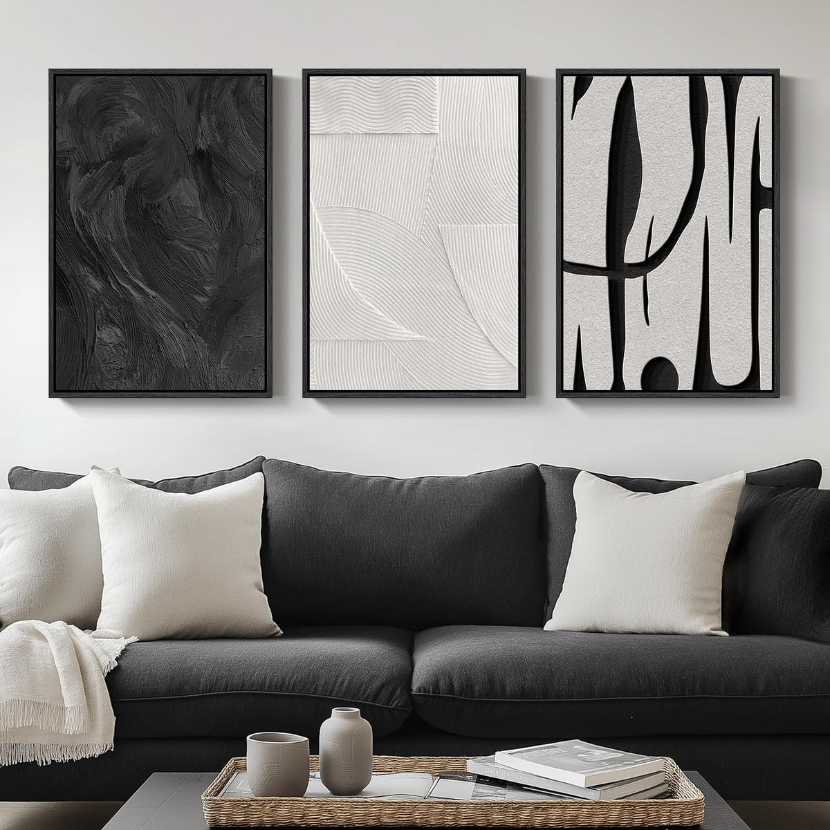 Framed Black and White Modern Abstract Wall Art, 3 Piece Canvas Prints Paintings Artwork for Walls, Minimalist Black White Grey Pictures for Living Room Dining Room Bedroom Office Wall Decor 16x24 In