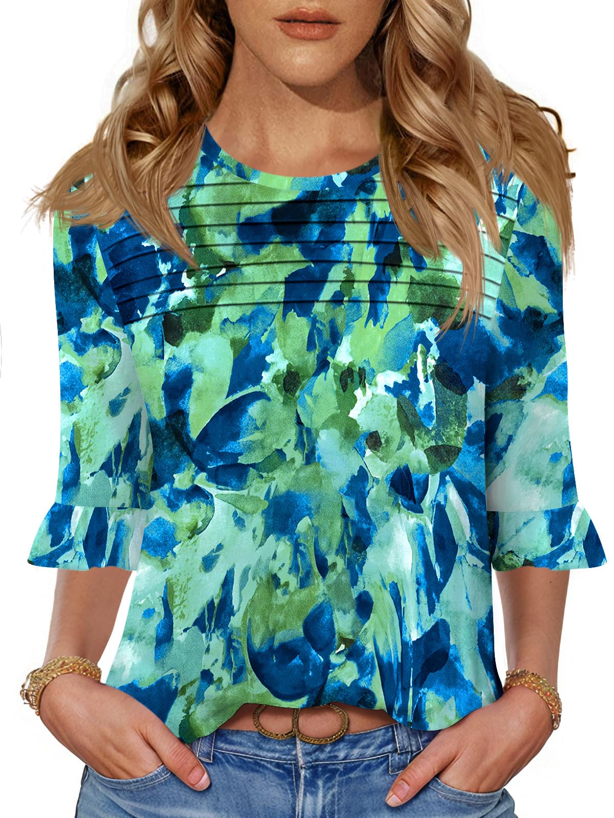 Blingfit Womens Tops 3/4 Length Sleeve Dressy Casual Shirts Bell Sleeve Front Pleated Fasion Trendy Summer Blouses 2026