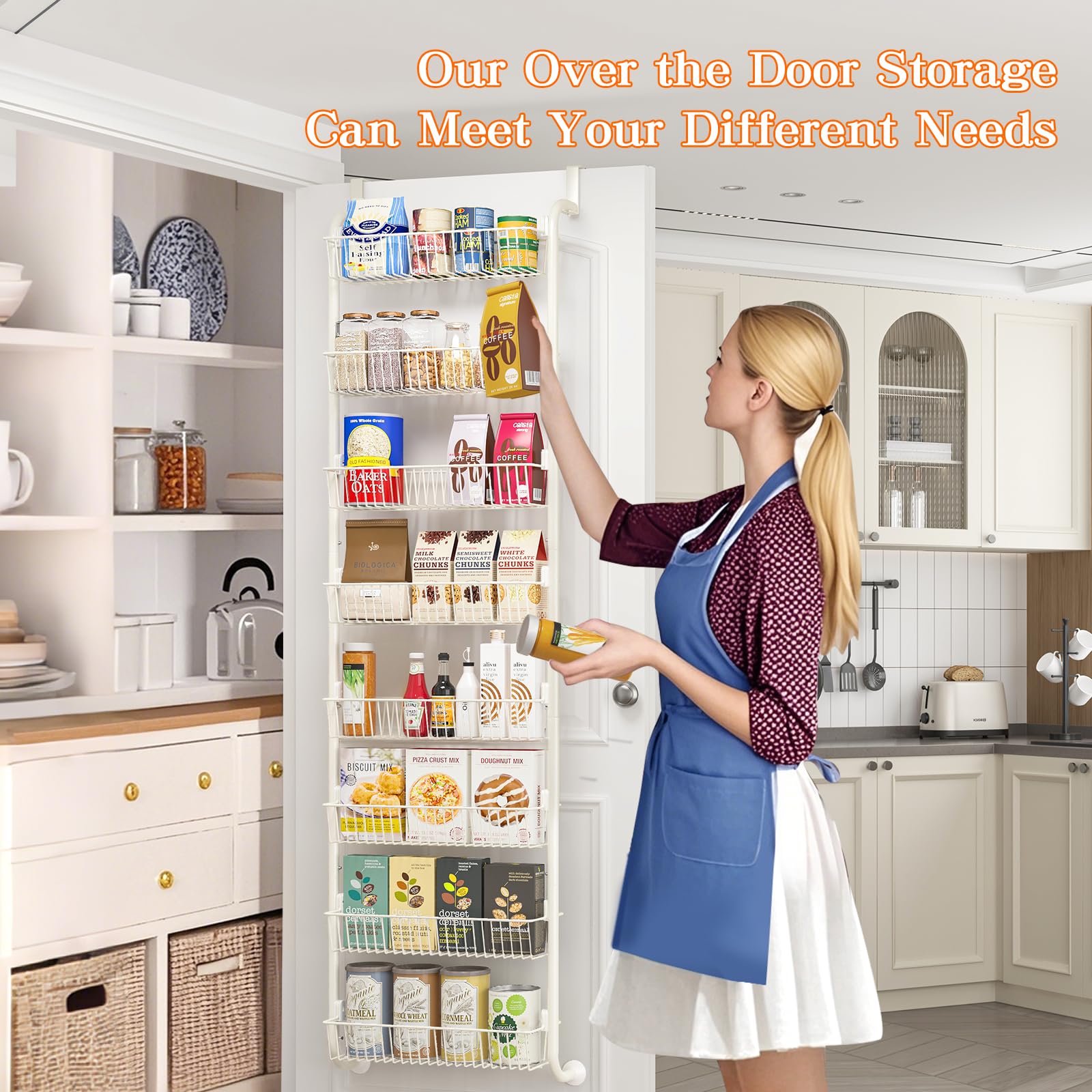 MIAOLI Over the Door Pantry Organizers and Storage, 8-Tier Spice Rack, Home & Kitchen Storage Shelves for Cabinet, Large Capacity Hanging Seasoning Organizer, Laundry Room Organization, White