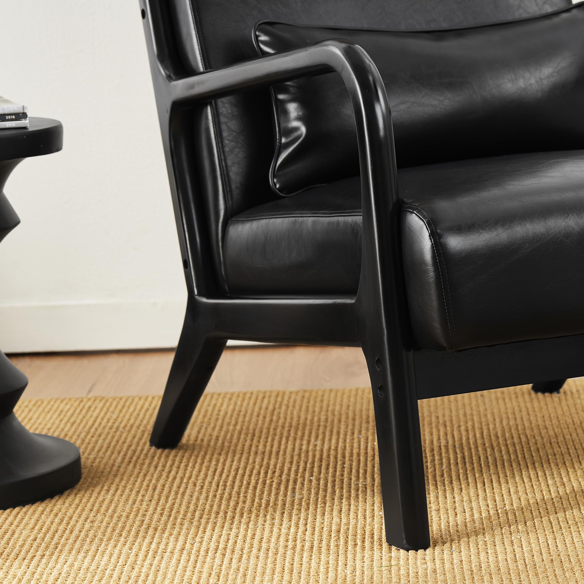 Glitzhome 2 Set Mid Century Black Accent Armchair, Single Reading Armchair PU Leather Lounge Chair with Walnut Ruberwood Frame