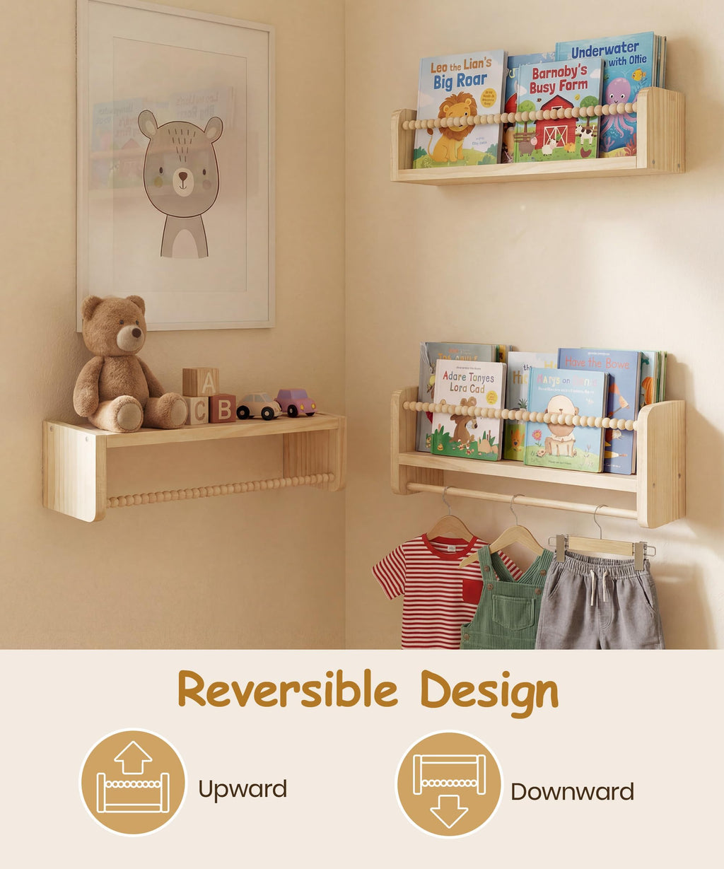 Nursery Book Shelves for Wall Set of 3, Natural Wood Bookshelves Wall Decor, Small Floating Shelf Organizer for Kids Room, Bedroom, Kitchen Spice Rack