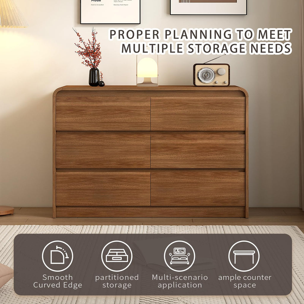 Messenya Modern 6 Drawer Dresser, 47-Inch Wood Chest of Drawers, Curved Anti-Collision Design, Mid-Century Storage Cabinet, Pre-Embedded Slots, for Bedroom, Living Room, TV Stand, Nursery