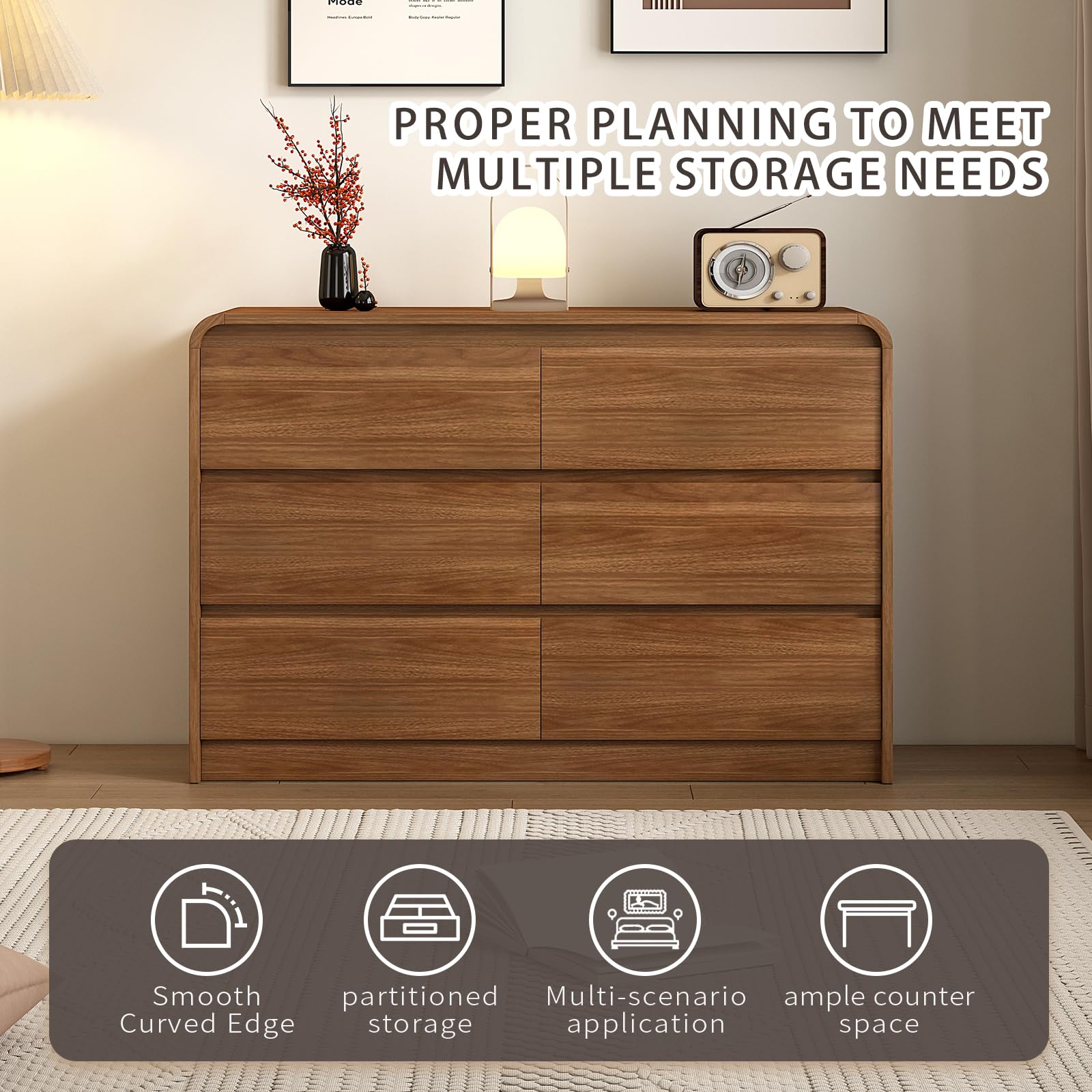 Messenya Modern 6 Drawer Dresser, 47-Inch Wood Chest of Drawers, Curved Anti-Collision Design, Mid-Century Storage Cabinet, Pre-Embedded Slots, for Bedroom, Living Room, TV Stand, Nursery