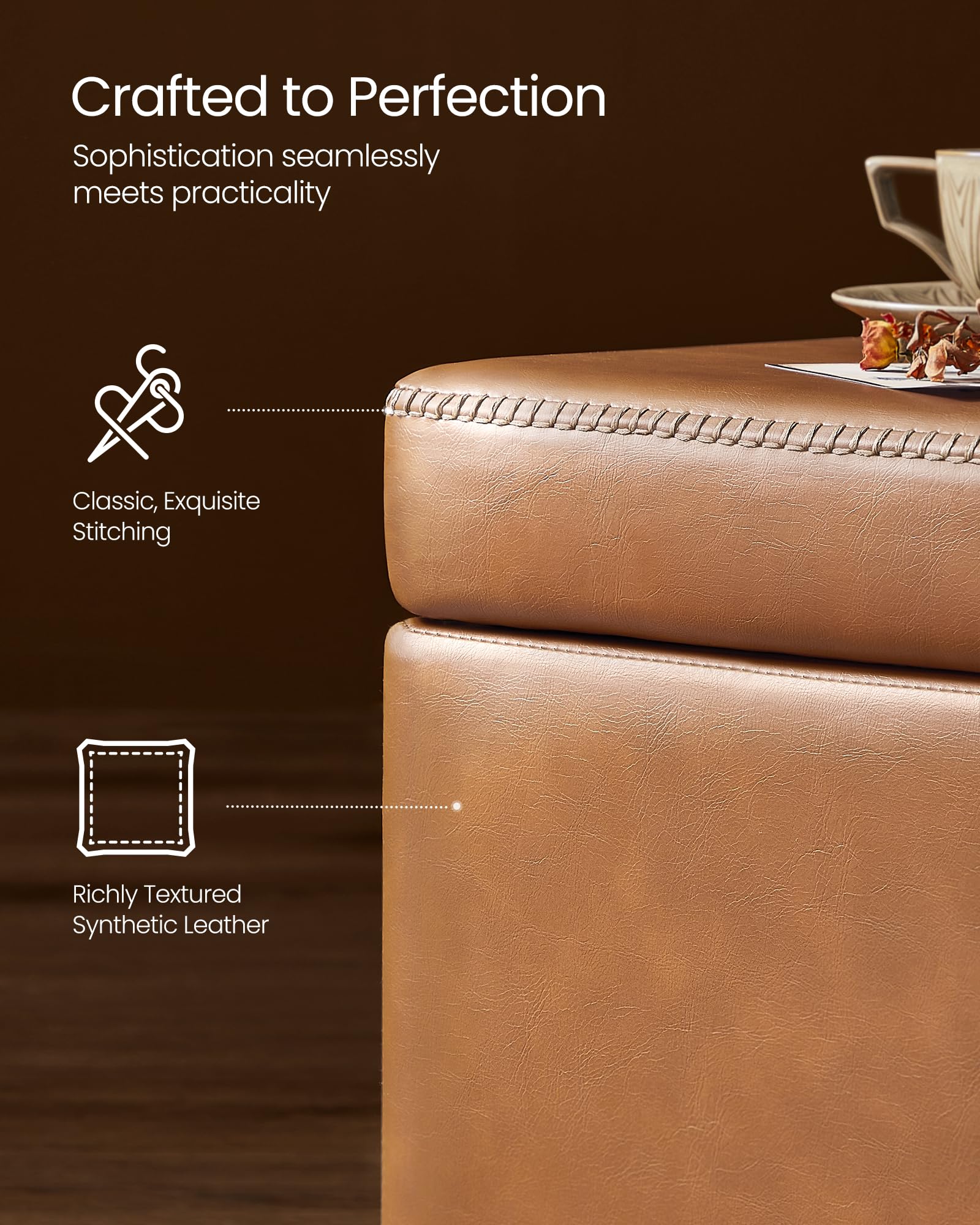 VASAGLE EKHO Collection - Storage Ottoman Bench, Entryway Bedroom Bench, 15 Gallons, Synthetic Leather with Stitching, Mid-Century Modern, Safety Hinges, Loads 660 lb, Caramel Brown ULOM074K01