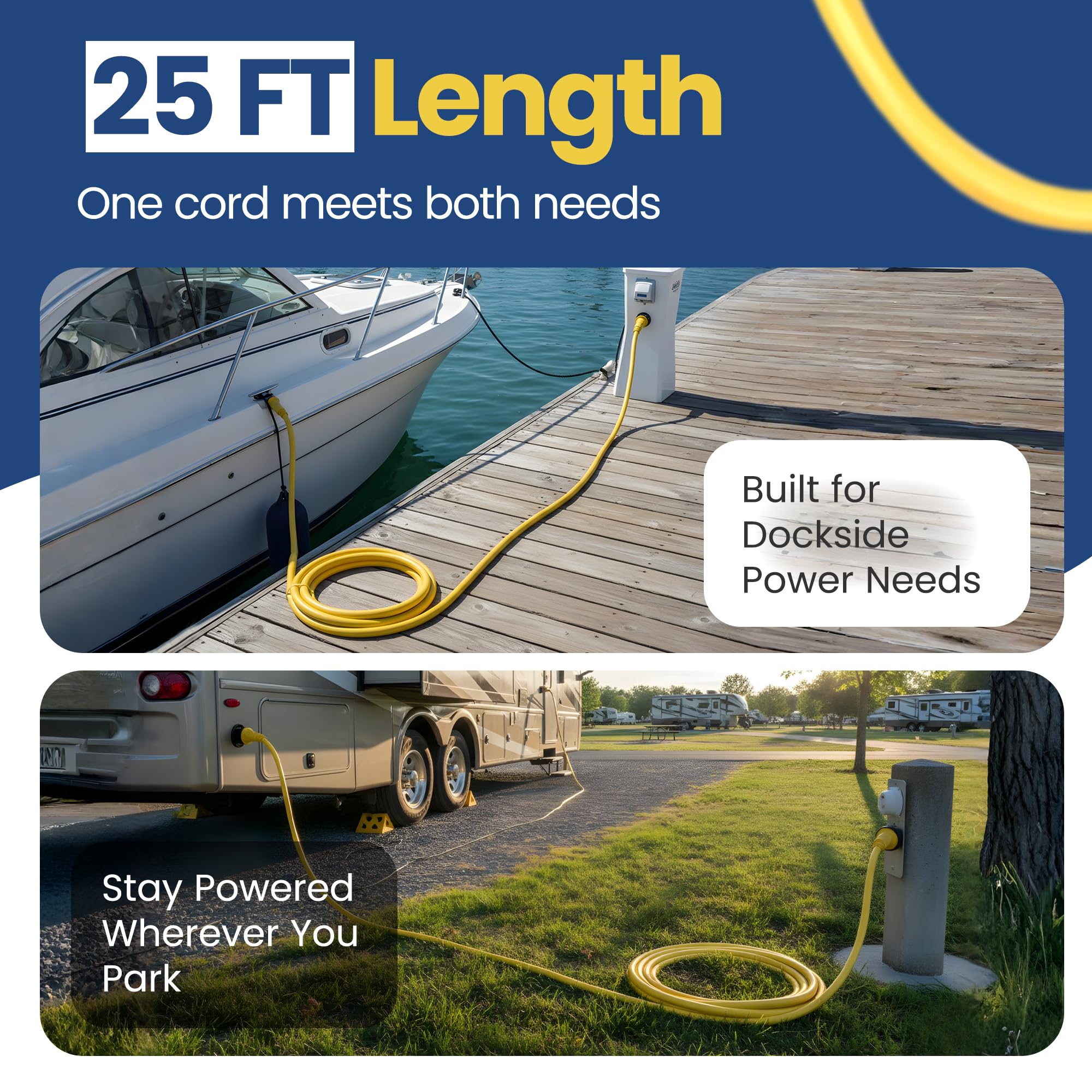 Amp Up Marine & RV Cords 125/250v 50 Amp X 25ft Shore Power Boat Heavy Duty NEMA Extension Cord with 2X L Shaped Terminals with Watertight Molded Ends, Twist Lock & ETL Listed from a US Based Company