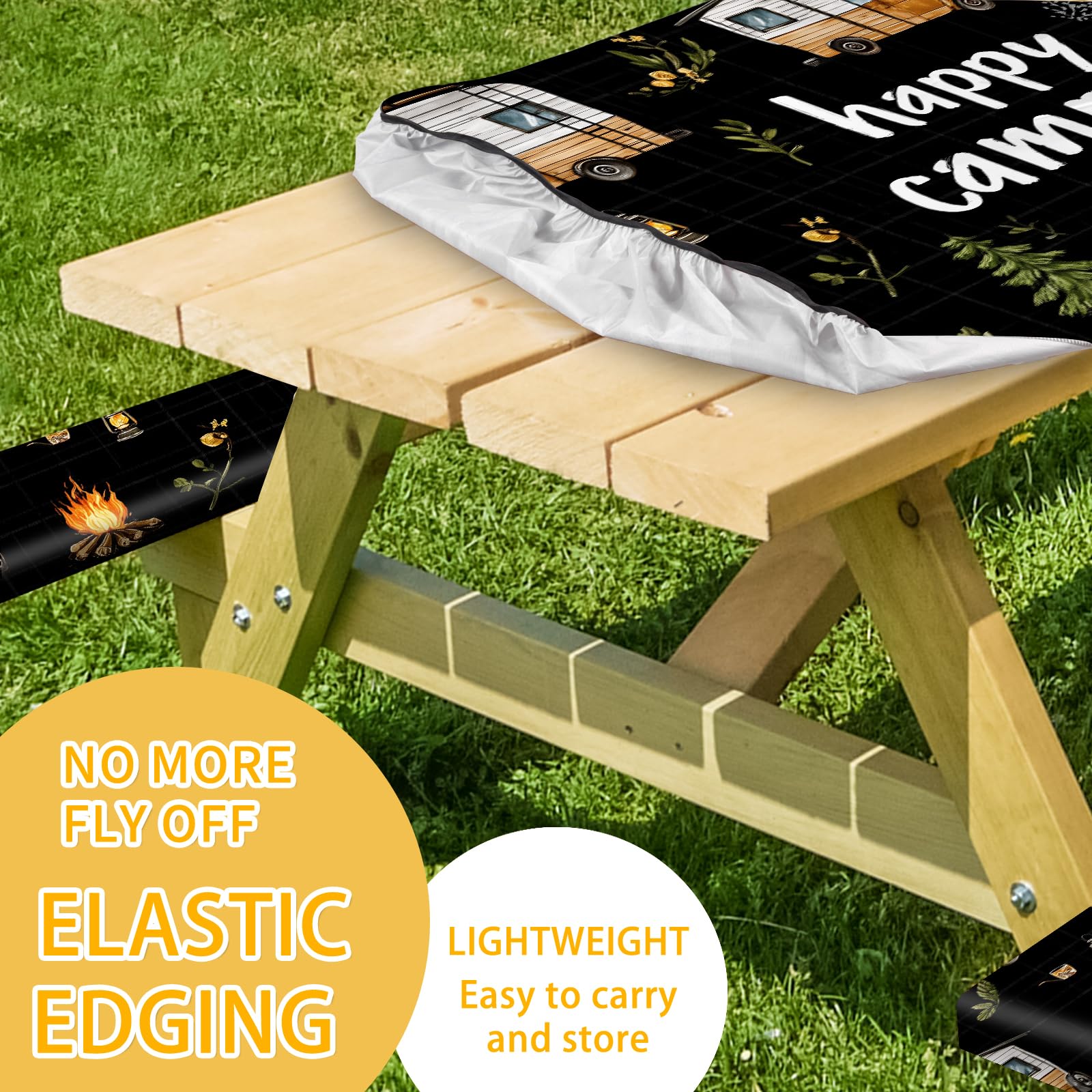 Park Picnic Table Cover with Bench Covers Lightweight Camping Essentials, Oil-Proof Waterproof 3PCS Tablecloth with Elastic, Fitted for Table 6FT Rectangle and Seats, American Flag Eagle (72x30in)