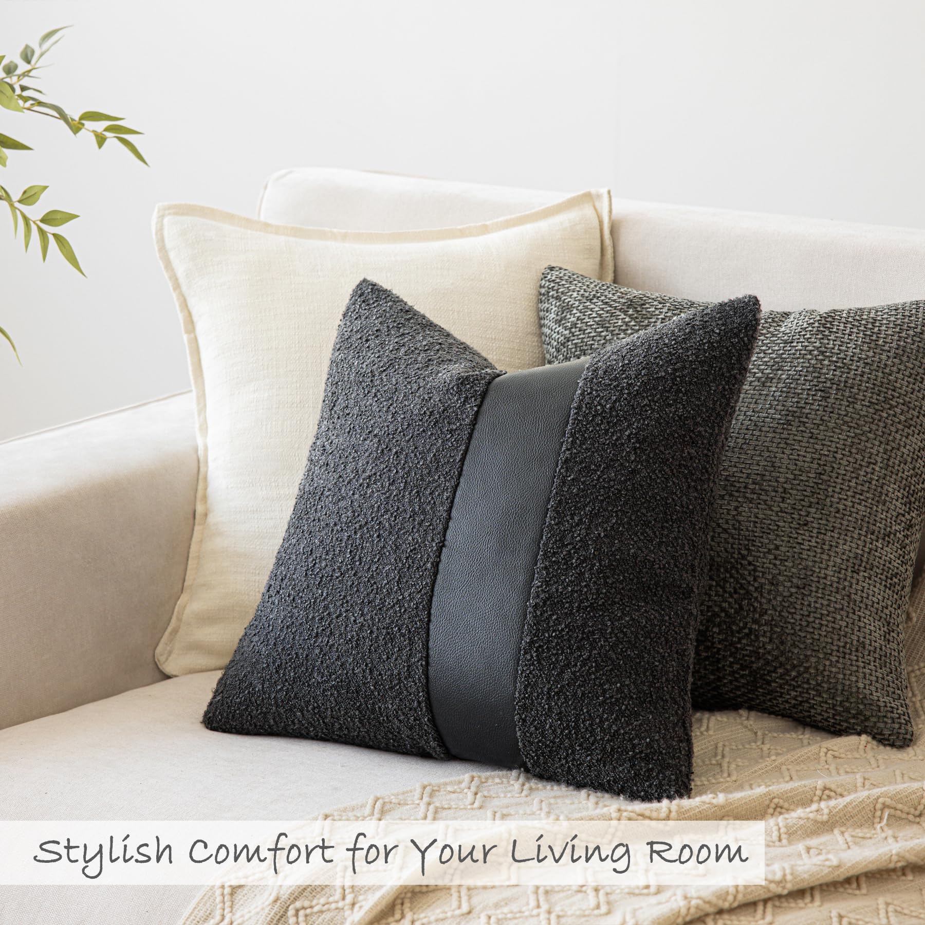 18"x18" Charcoal Black Boucle Throw Pillow Covers with Faux Leather Accents Set of 2 Fluffy Textured Decorative Pillow Cases for Couch Bed Boho Farmhouse Square Cushion Covers for Nordic Home