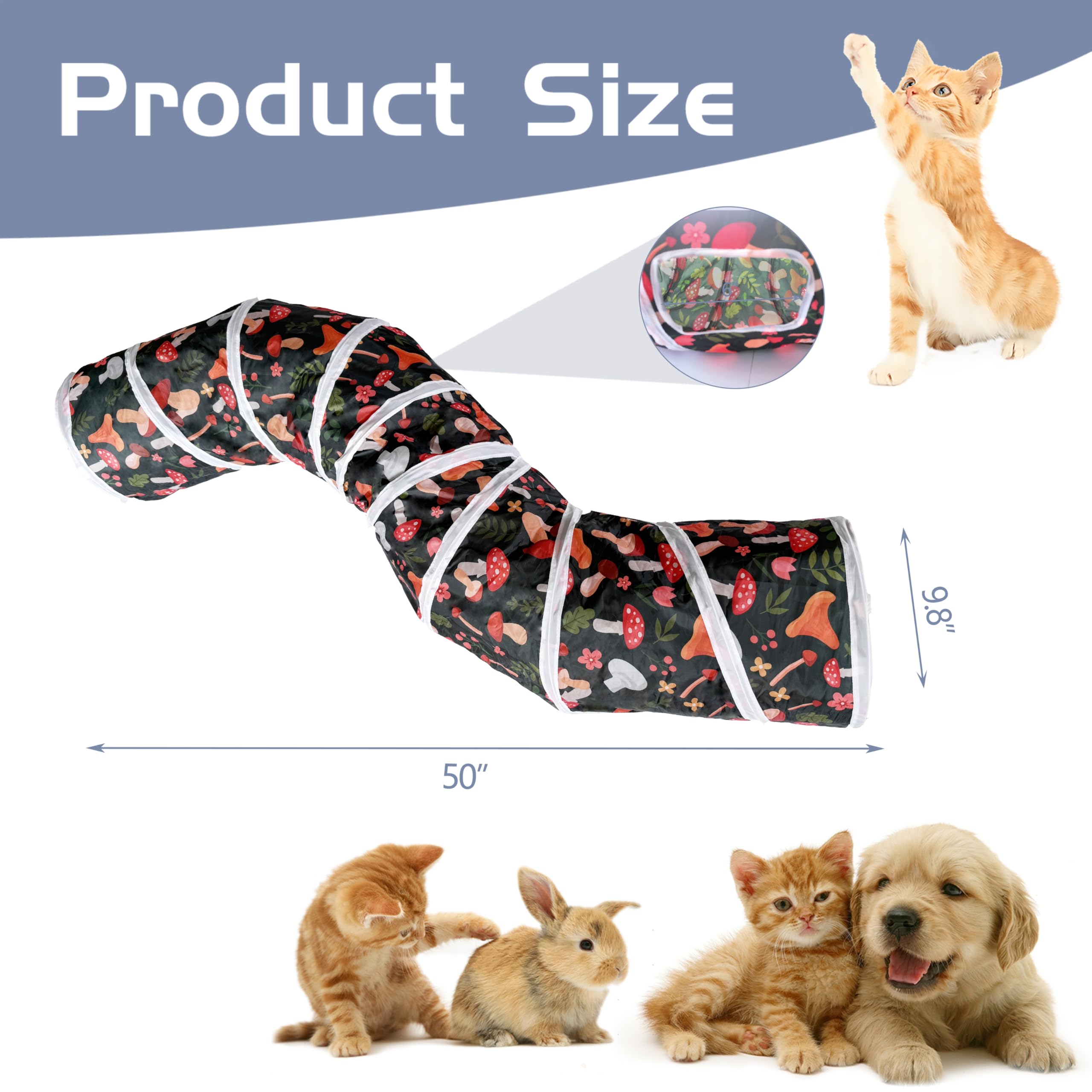 Sheldamy Cat Tunnel, 2-Way Collapsible Play Tunnel, Interactive Toy Maze for Small Animals, Suitable for Kittens, Puppies, Rabbits, Ferrets, Blue & Black