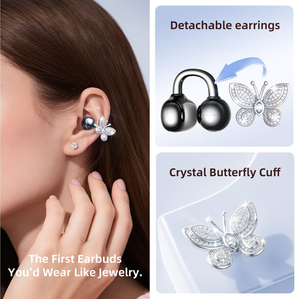 Kinglucky Jewelry-Inspired Clip-On Earbuds with Butterfly Earrings, Comfortable Fit & 40H Playtime Open Ear Bluetooth 5.4 Wireless Headphones for Women, Small Ears, Sports & Workouts (Black)