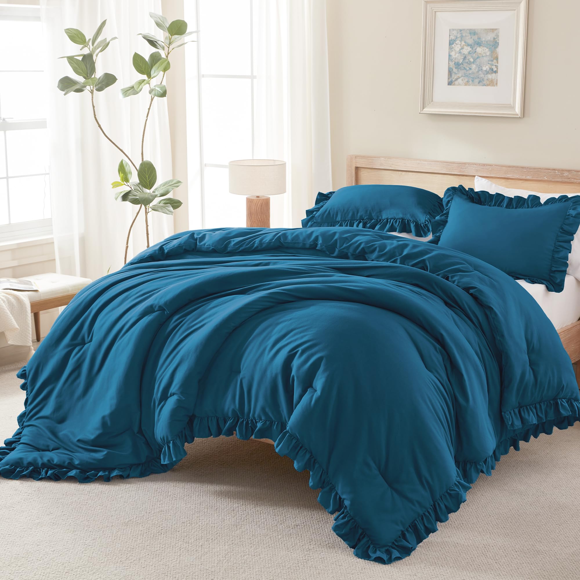 Andency Beige Twin Size Ruffle Comforter, 2 Pieces Farmhouse Shabby Classic Bed Set for Kids, Lighteweight Soft Polyester Bedding Set for Girls(1 Ruffle Comforter and 1 Pillowcase)