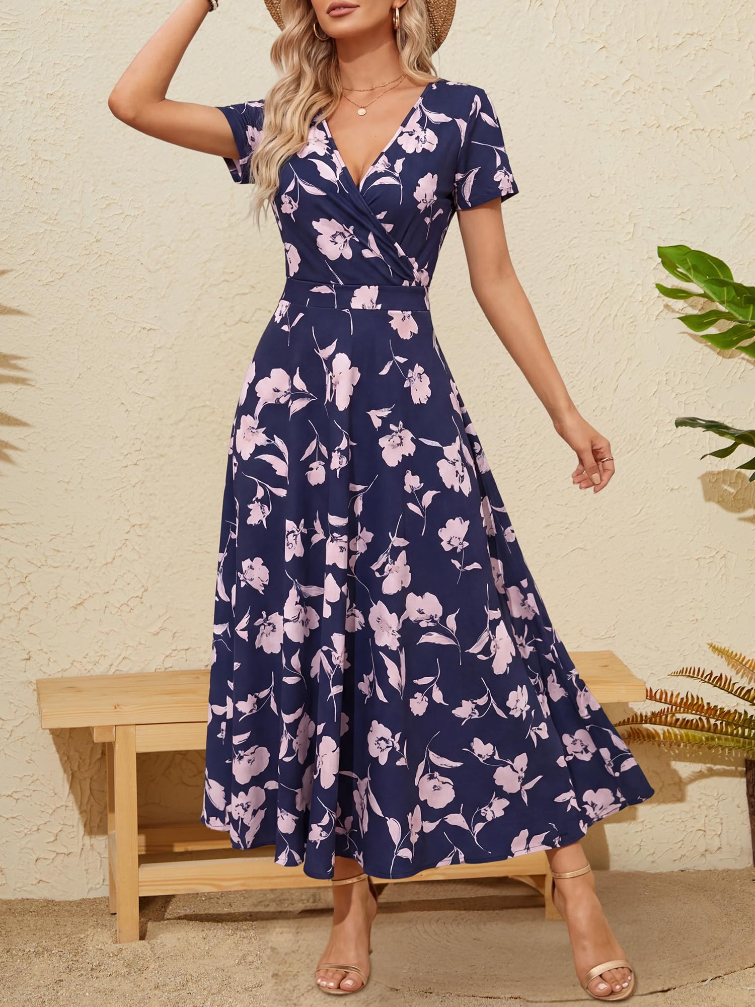 HUHOT Women's Short Sleeve Wrap V Neck Dresses for Wedding Guest Summer Floral Maxi Sundresses with Pockets Boho Dress