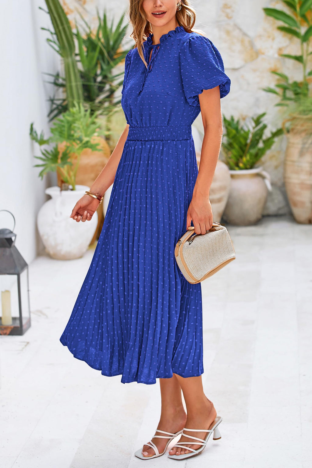 PRETTYGARDEN Womens Summer Midi Dresses Puff Short Sleeve V Neck Swiss Dot Pleated A Line Flowy Long Wedding Guest Dress